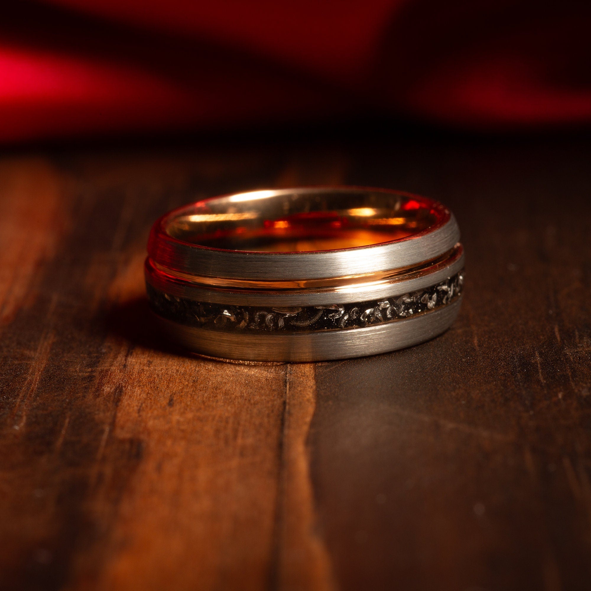 Silver Meteorite Wedding Band for Men | 8mm Tungsten Ring with Rose Gold Interior