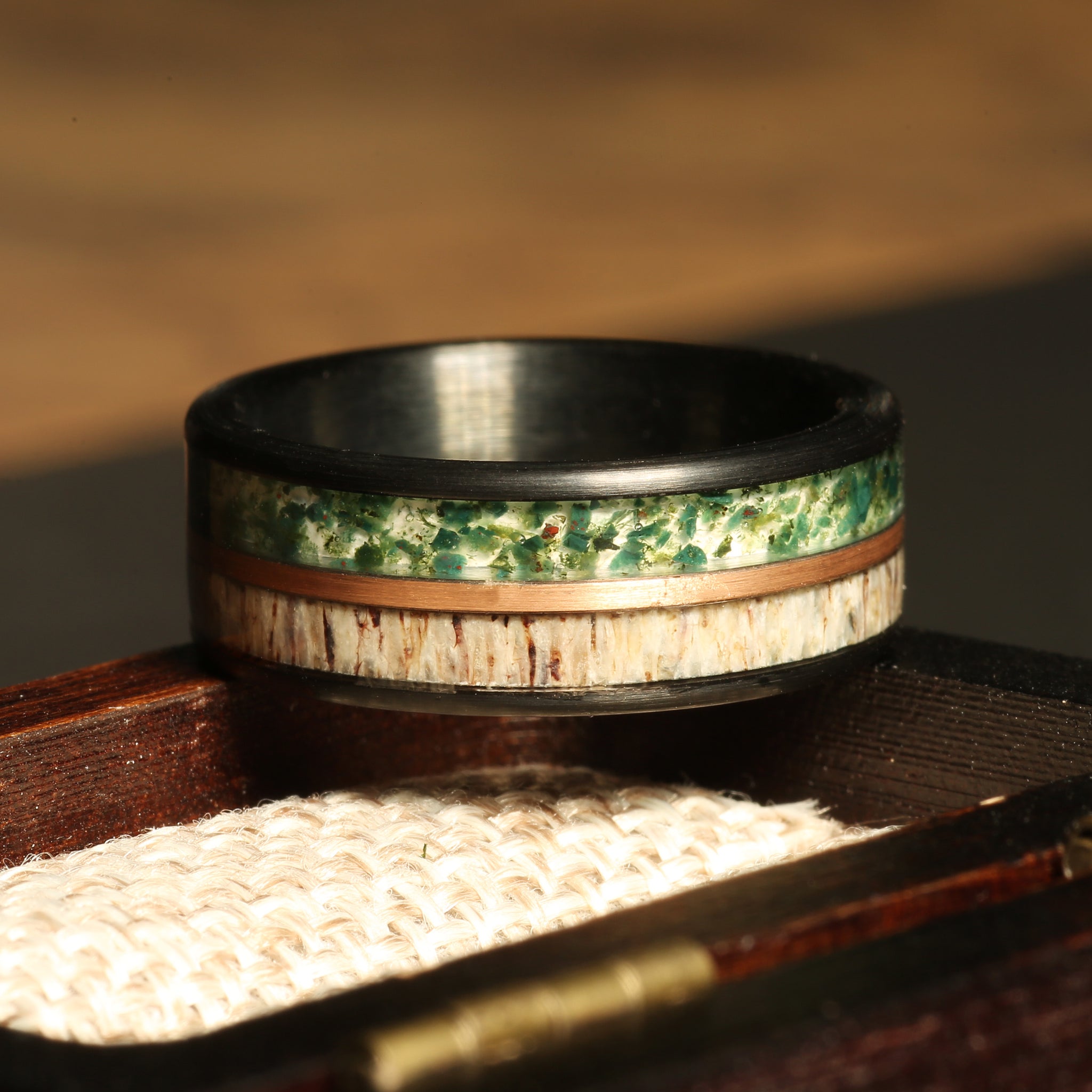 Moss Agate Deer Antler Wedding Band for Men | 8mm Rose Gold Tungsten Ring