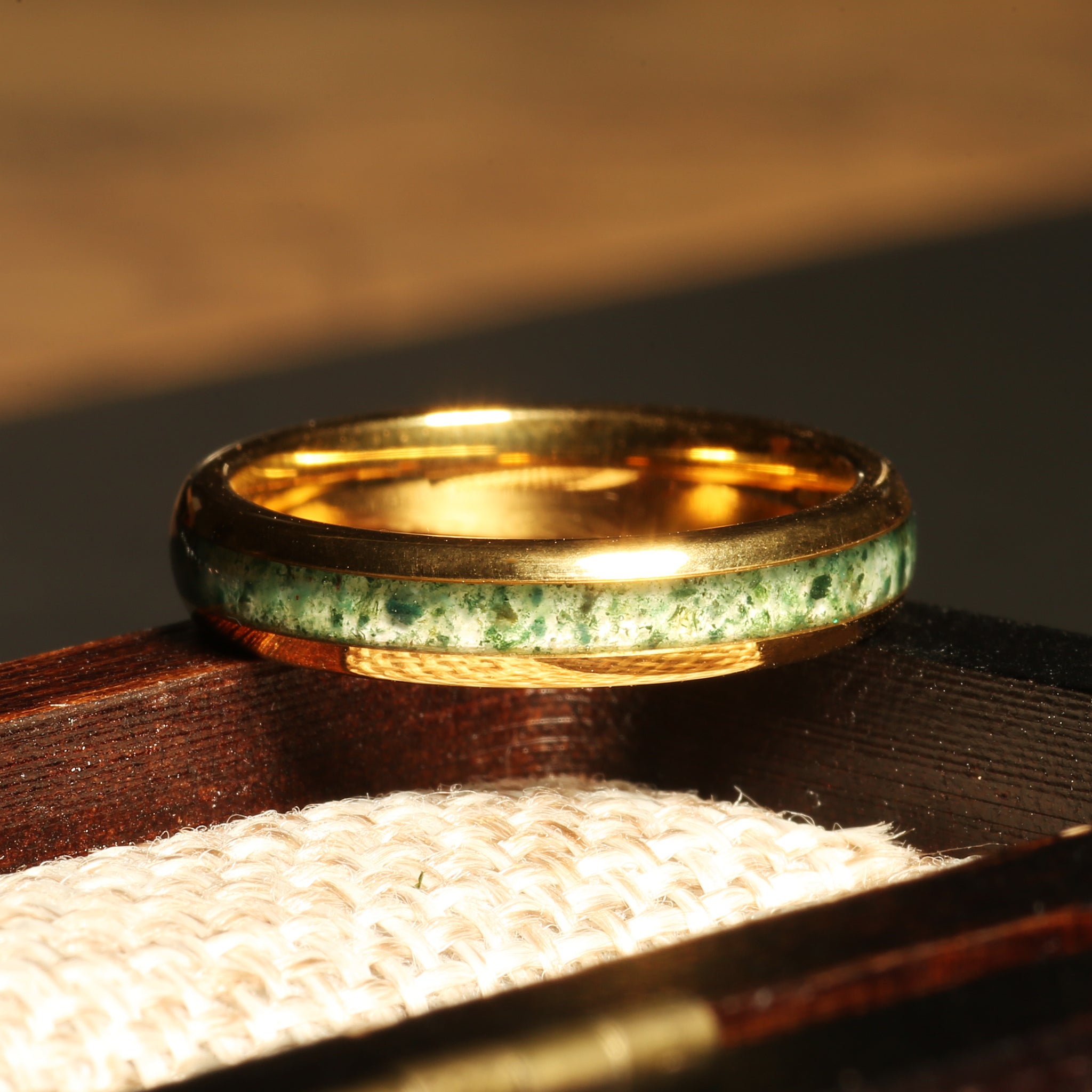 Moss Agate Gold Tungsten Ring for Men | 6mm Wedding Band