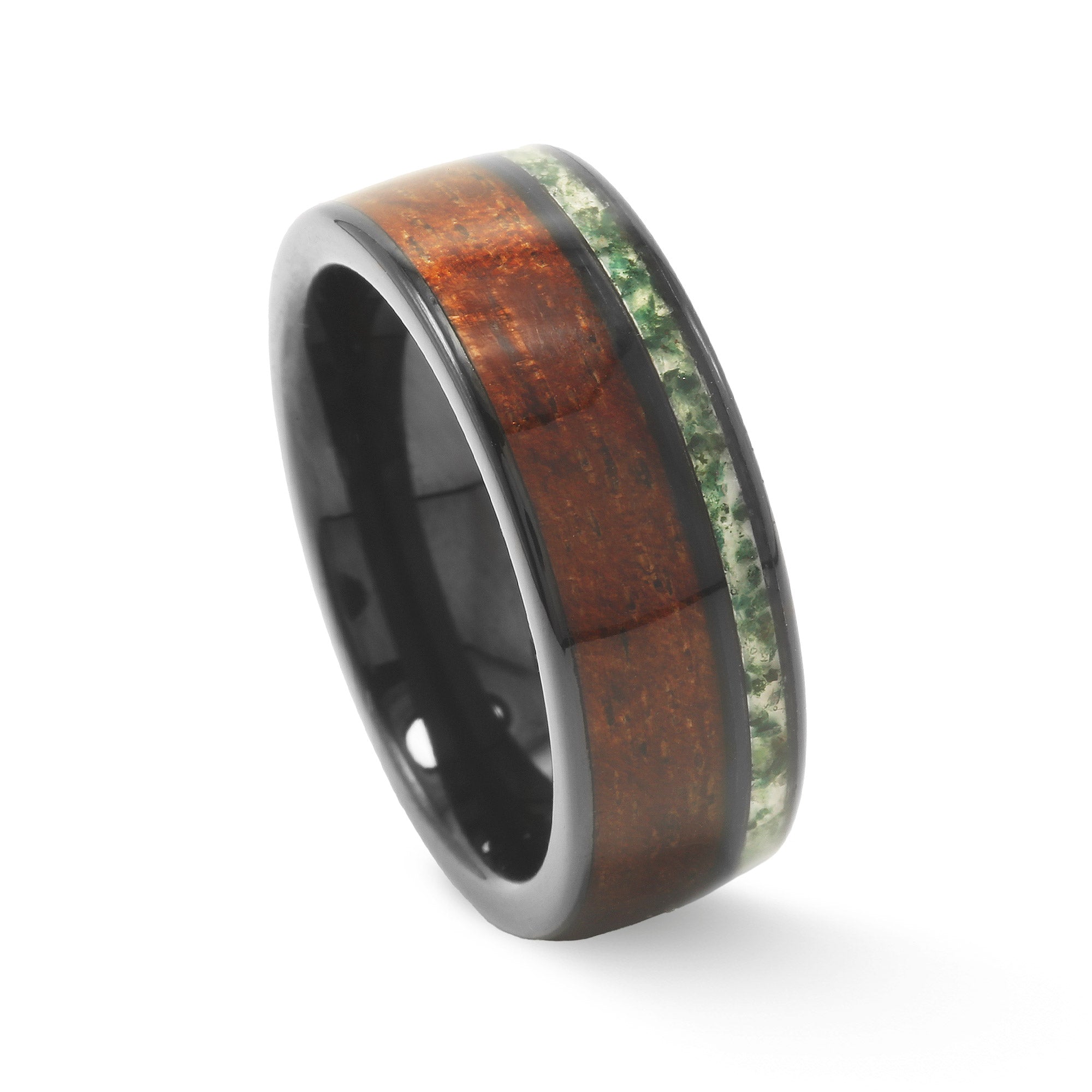 Koa Wood Moss Agate Wedding Band for Men | 8mm Black Tungsten Ring