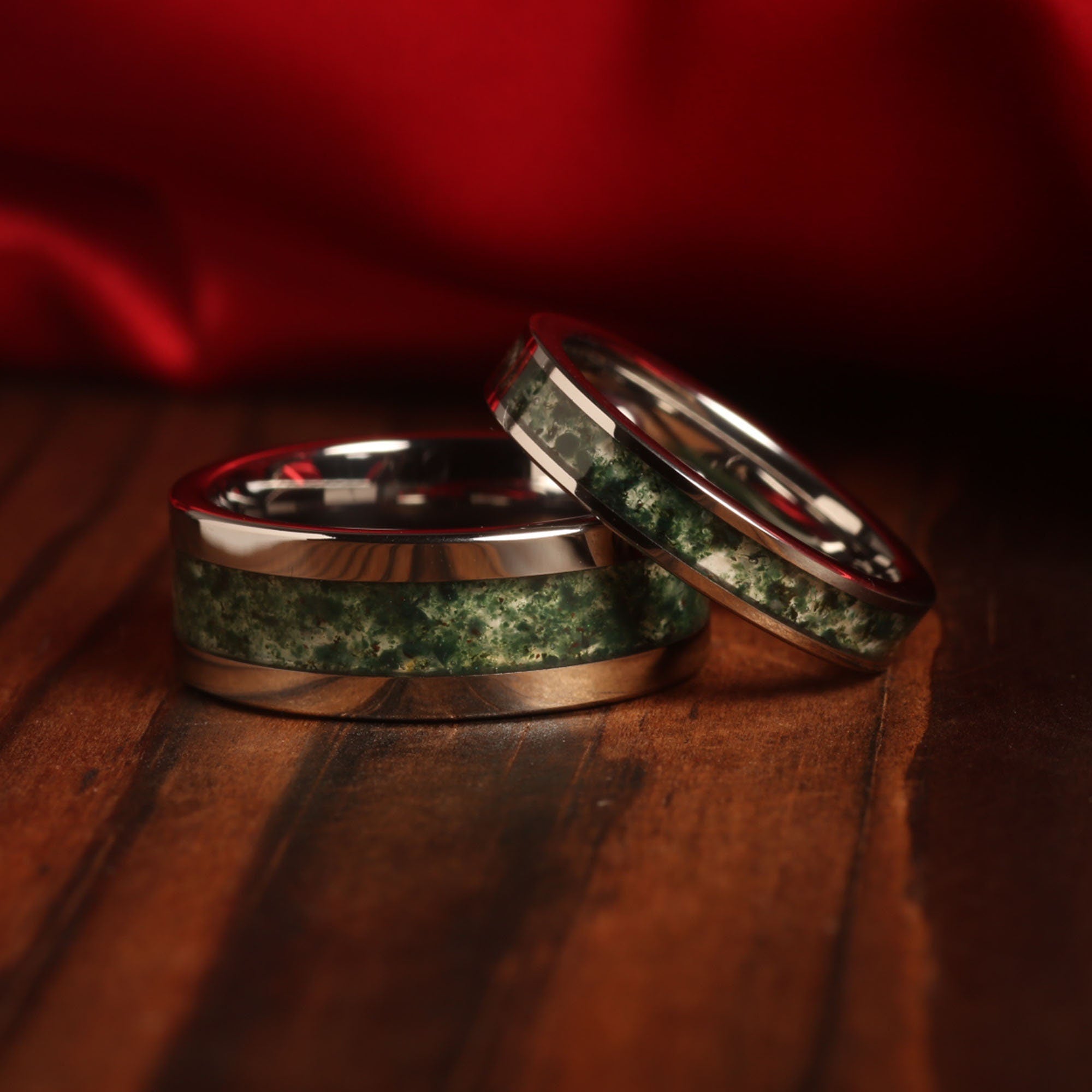 Moss Agate Matching Wedding Band Set | His and Hers Silver Tungsten Rings