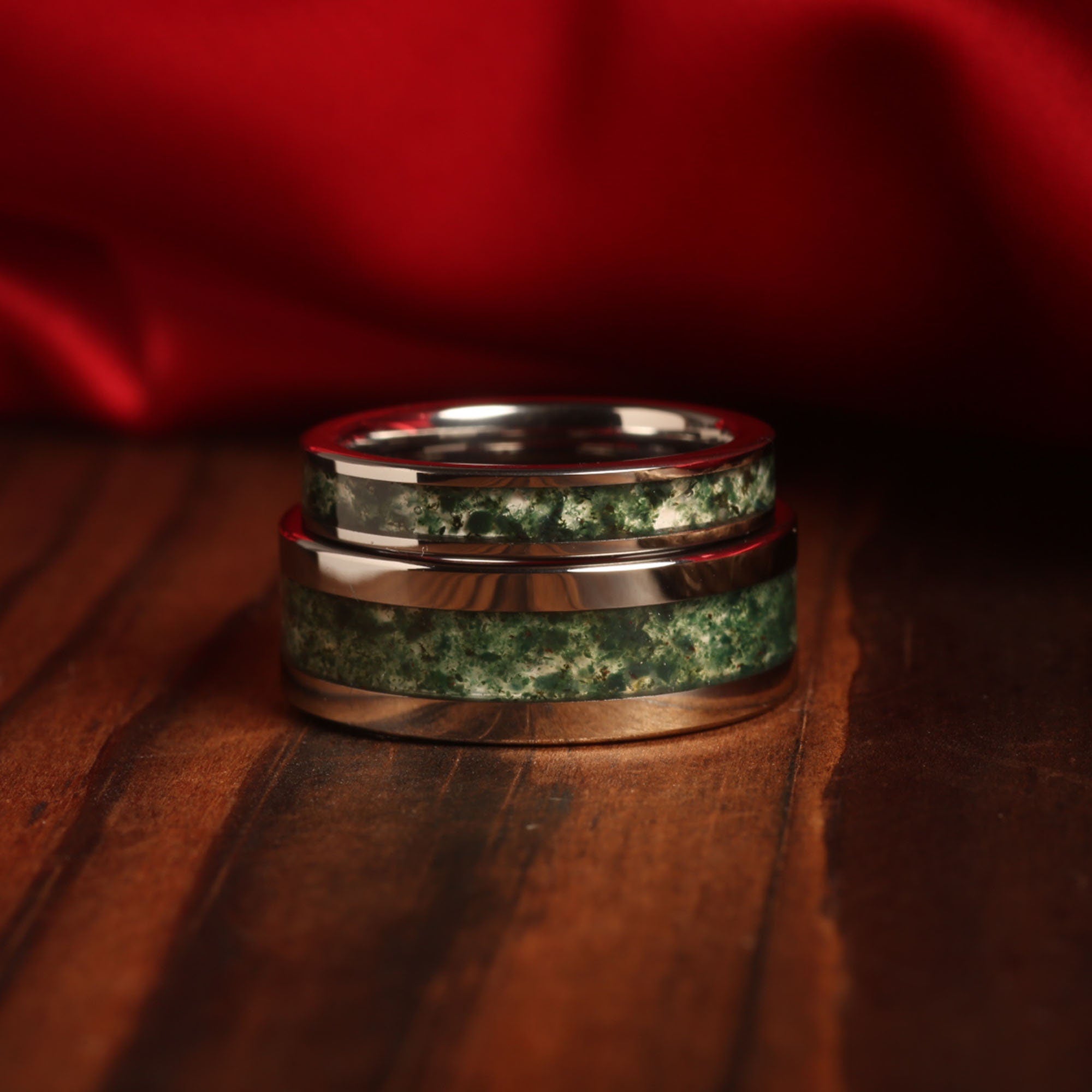 Silver Moss Agate Wedding Band for Women | 4mm Tungsten Ring