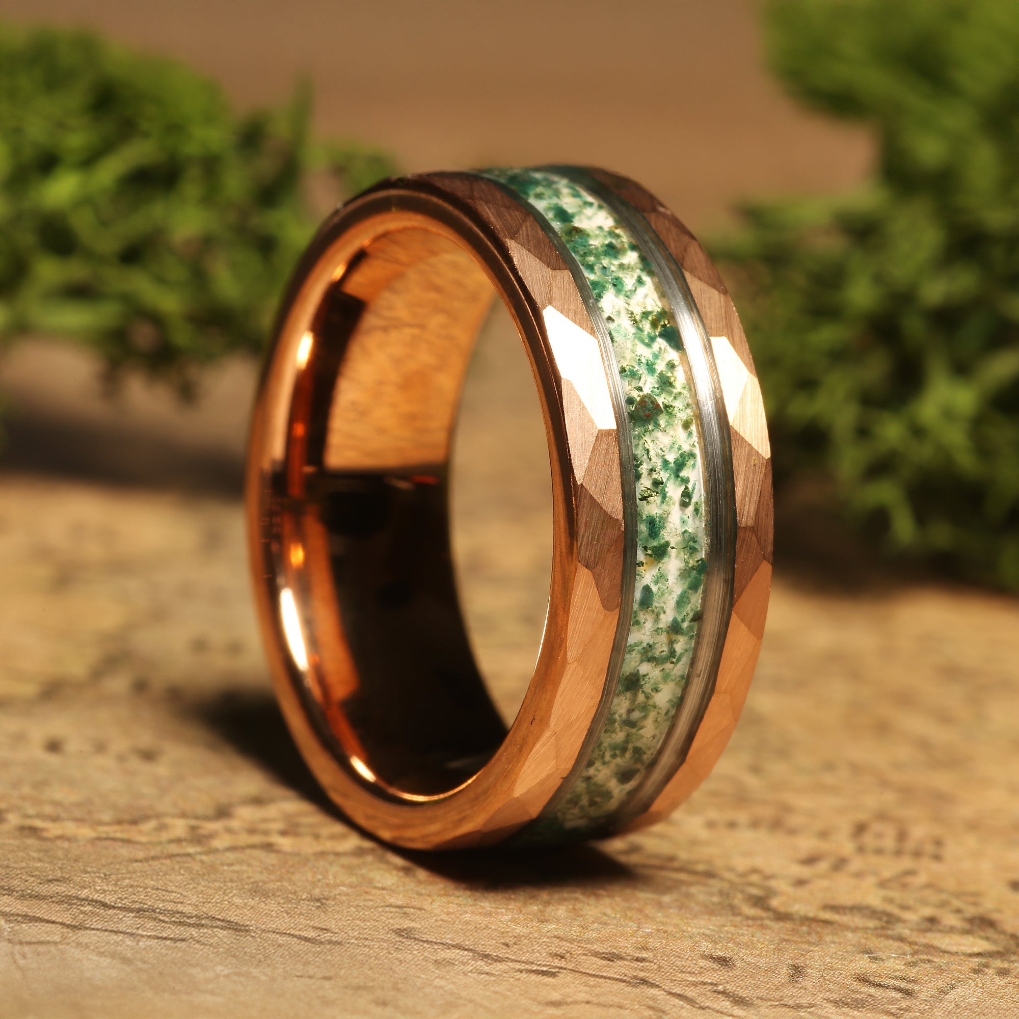 Hammered Moss Agate Wedding Band for Men | 8mm Rose Gold Tungsten Ring