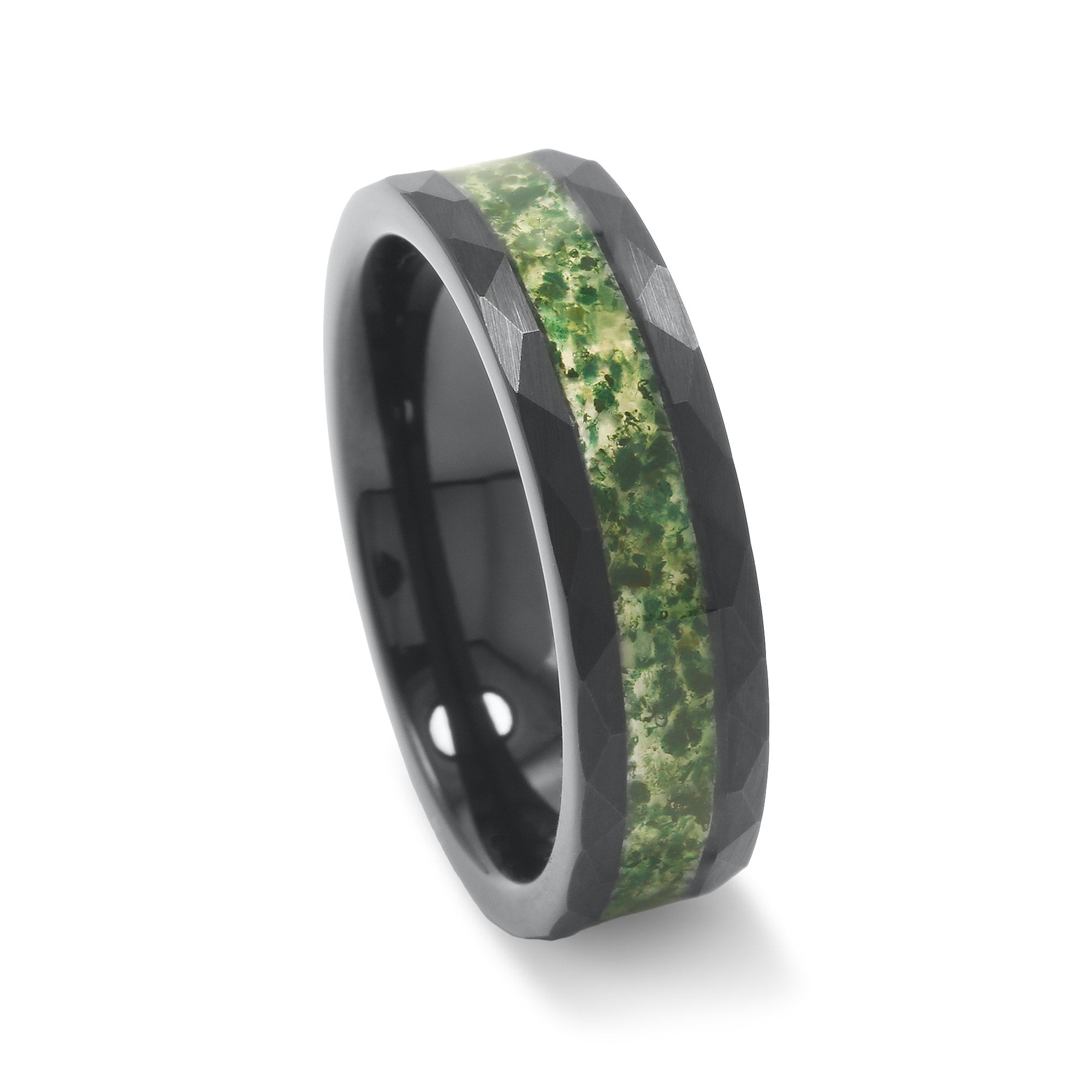 Moss Agate Wedding Band for Him or Her | 6mm Black Hammered Tungsten Ring