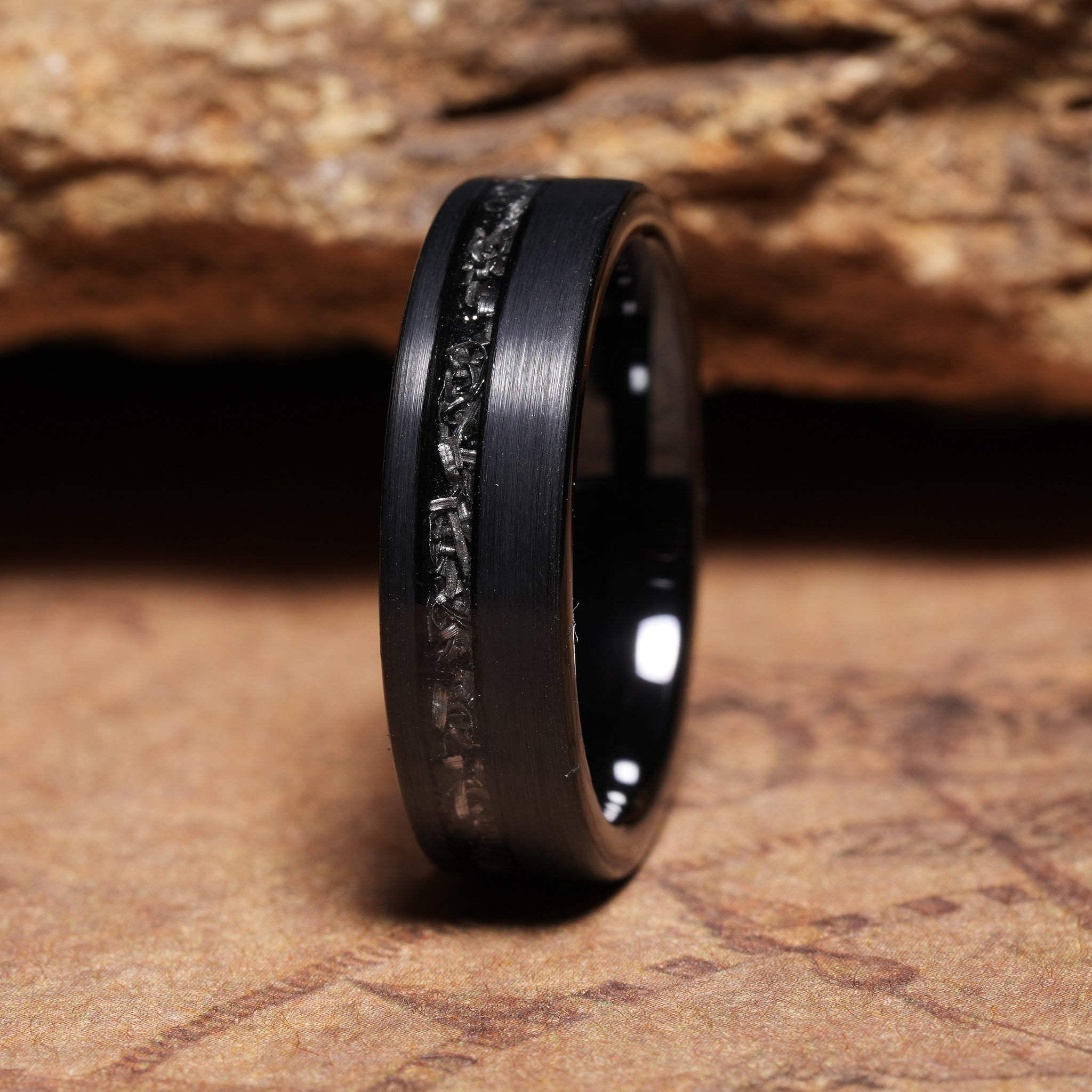 Meteorite Obsidian Ring for Women | 6mm Brushed Black Tungsten Band