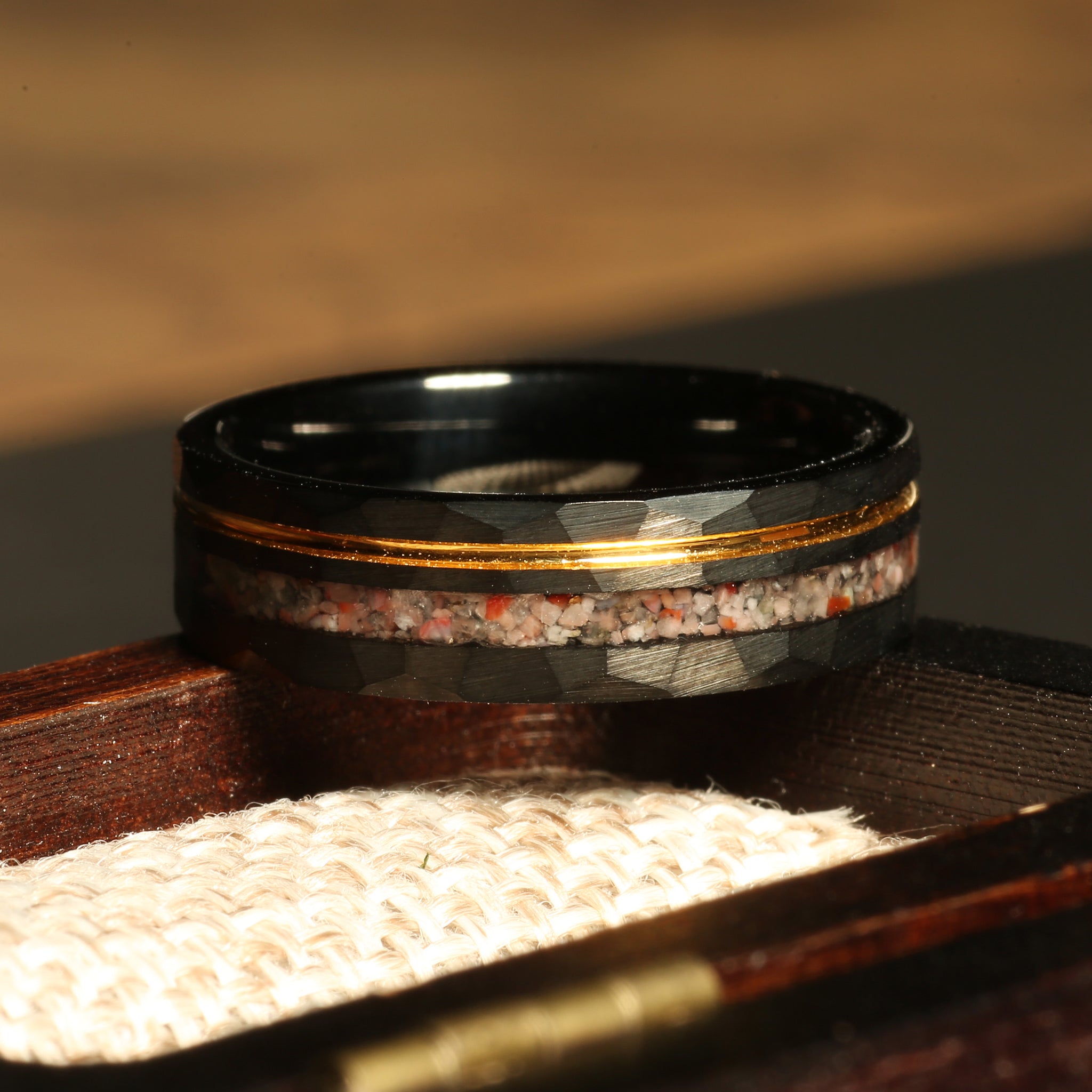 Pink Sand Gold Strip Wedding Band | 6mm Black Hammered Tungsten Ring