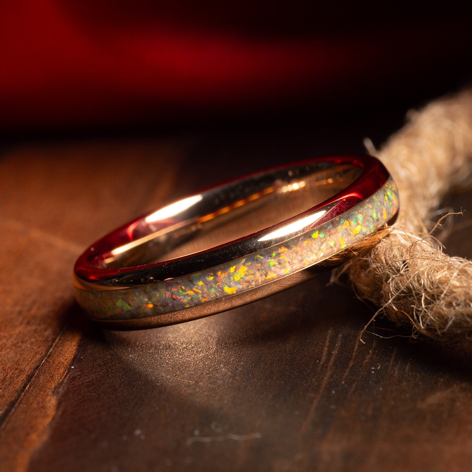 Domed White Opal Matching Wedding Band Set | His and Hers Rose Gold Tungsten Rings
