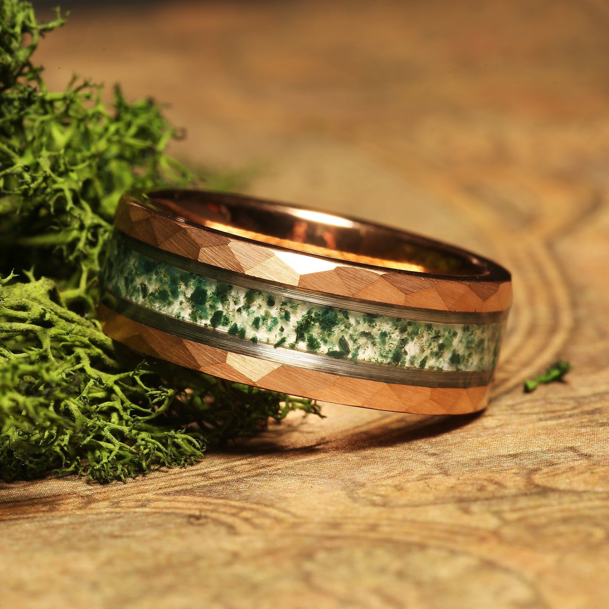 Hammered Moss Agate Wedding Band for Men | 8mm Rose Gold Tungsten Ring
