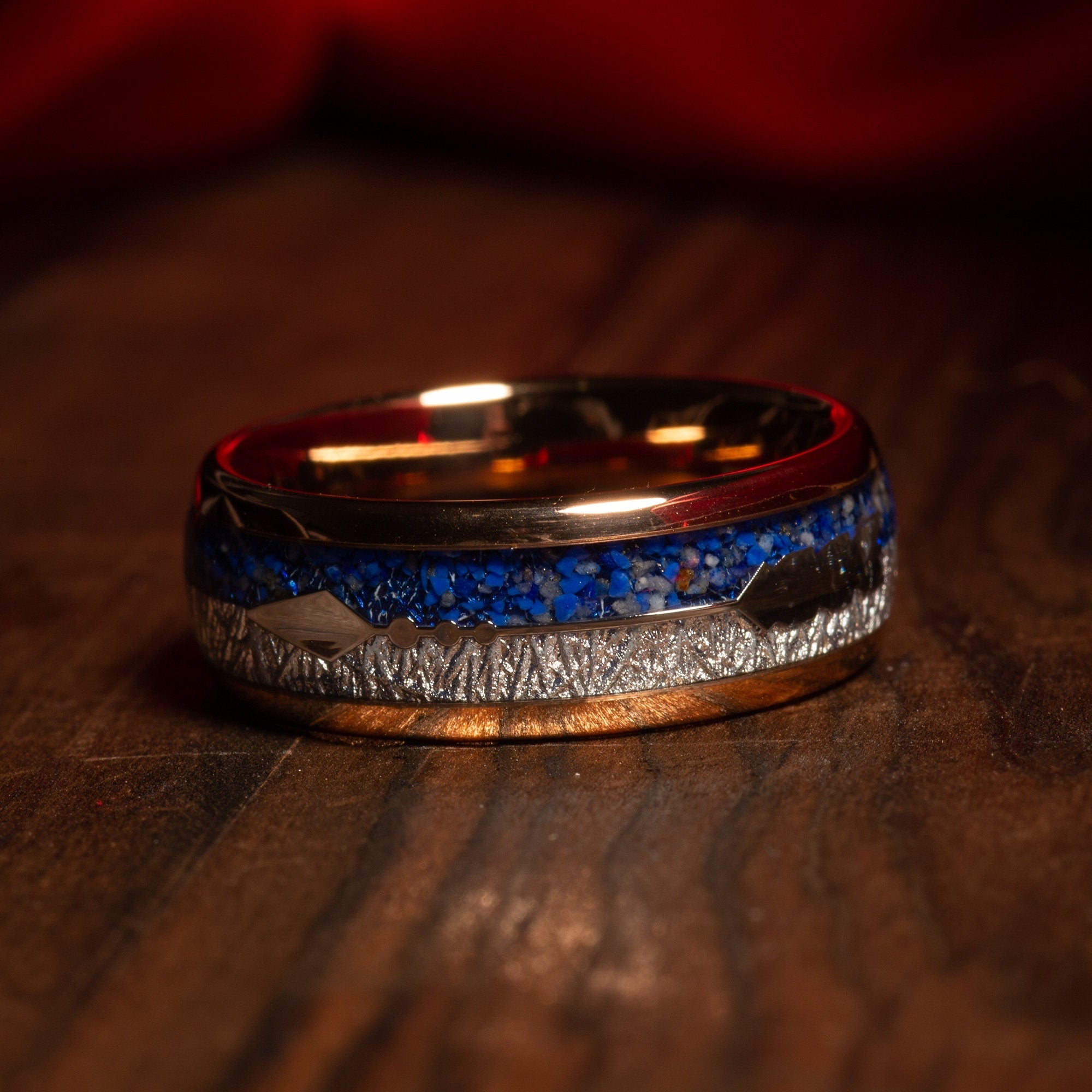 Meteorite Lapis Lazuli Wedding Band for Men | 8mm Rose Gold Tungsten Ring