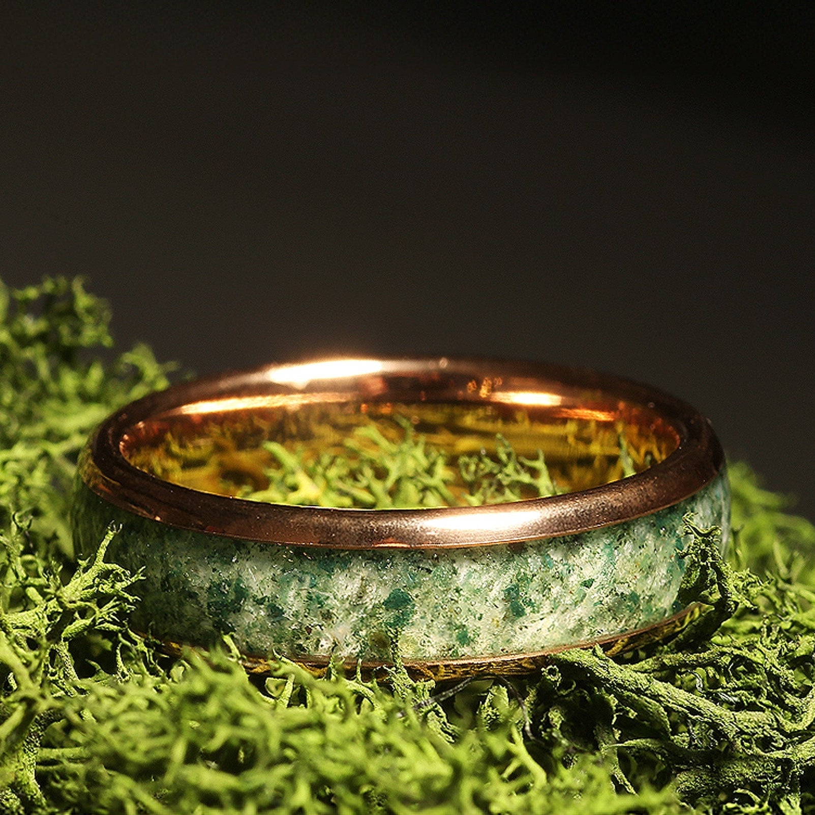 Moss Agate Rose Gold Matching Wedding Band Set | His and Hers Tungsten Rings