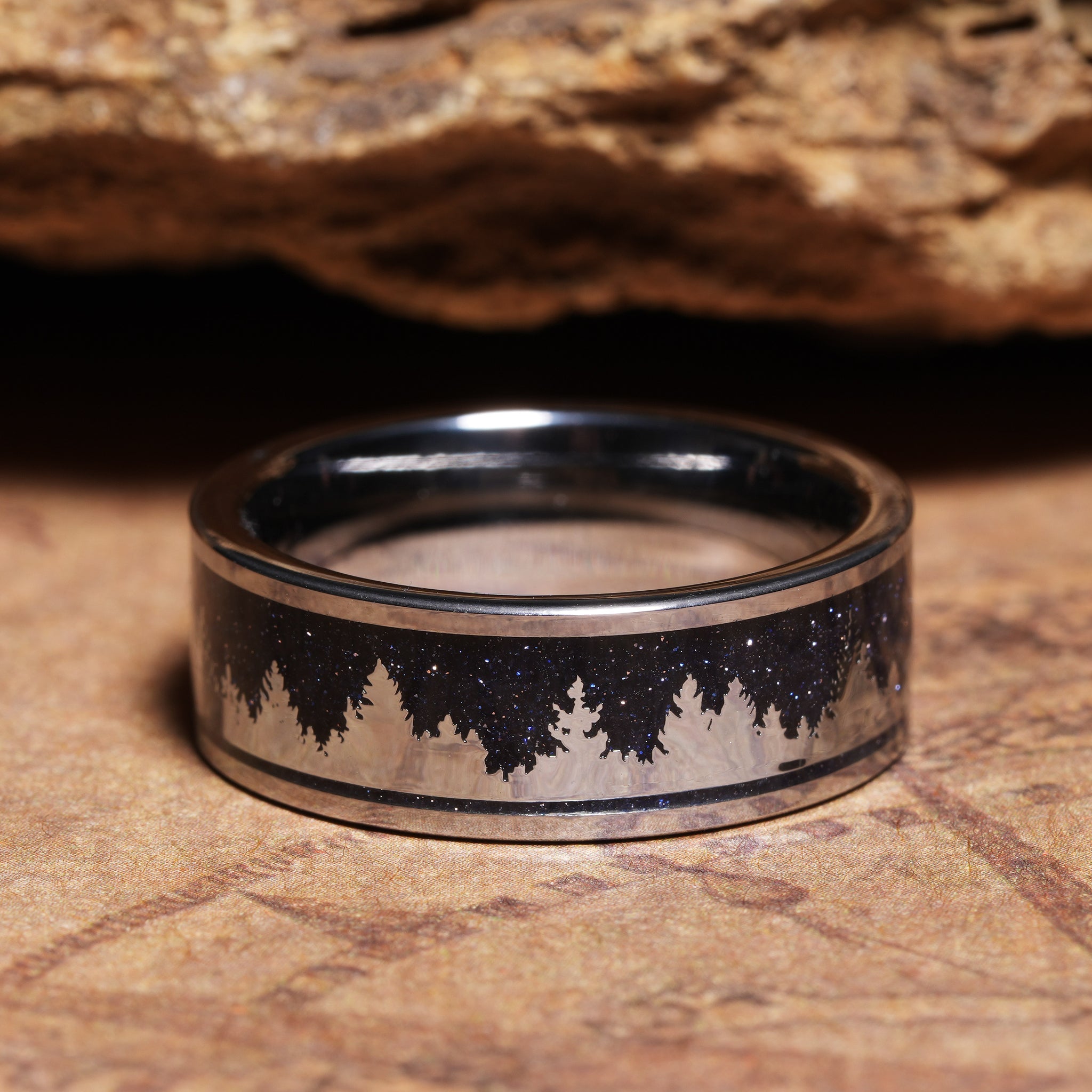 Treeline Blue Sandstone Wedding Band for Men | 8mm Silver Tungsten Ring