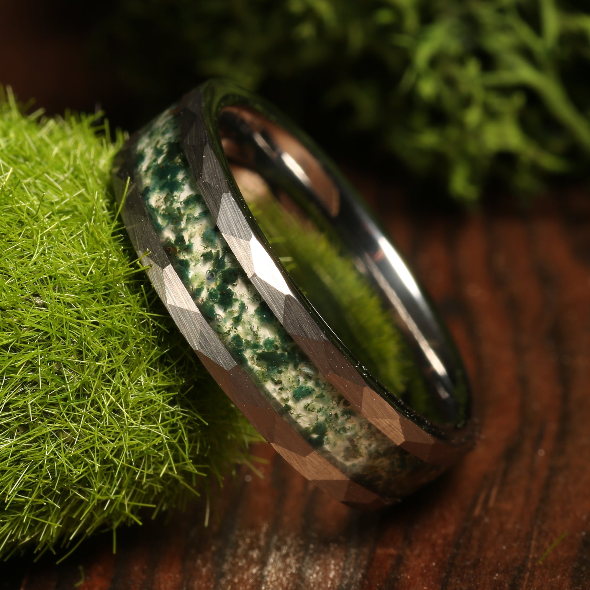 Moss Agate Nature Ring for Men | 6mm Silver Hammered Tungsten Band