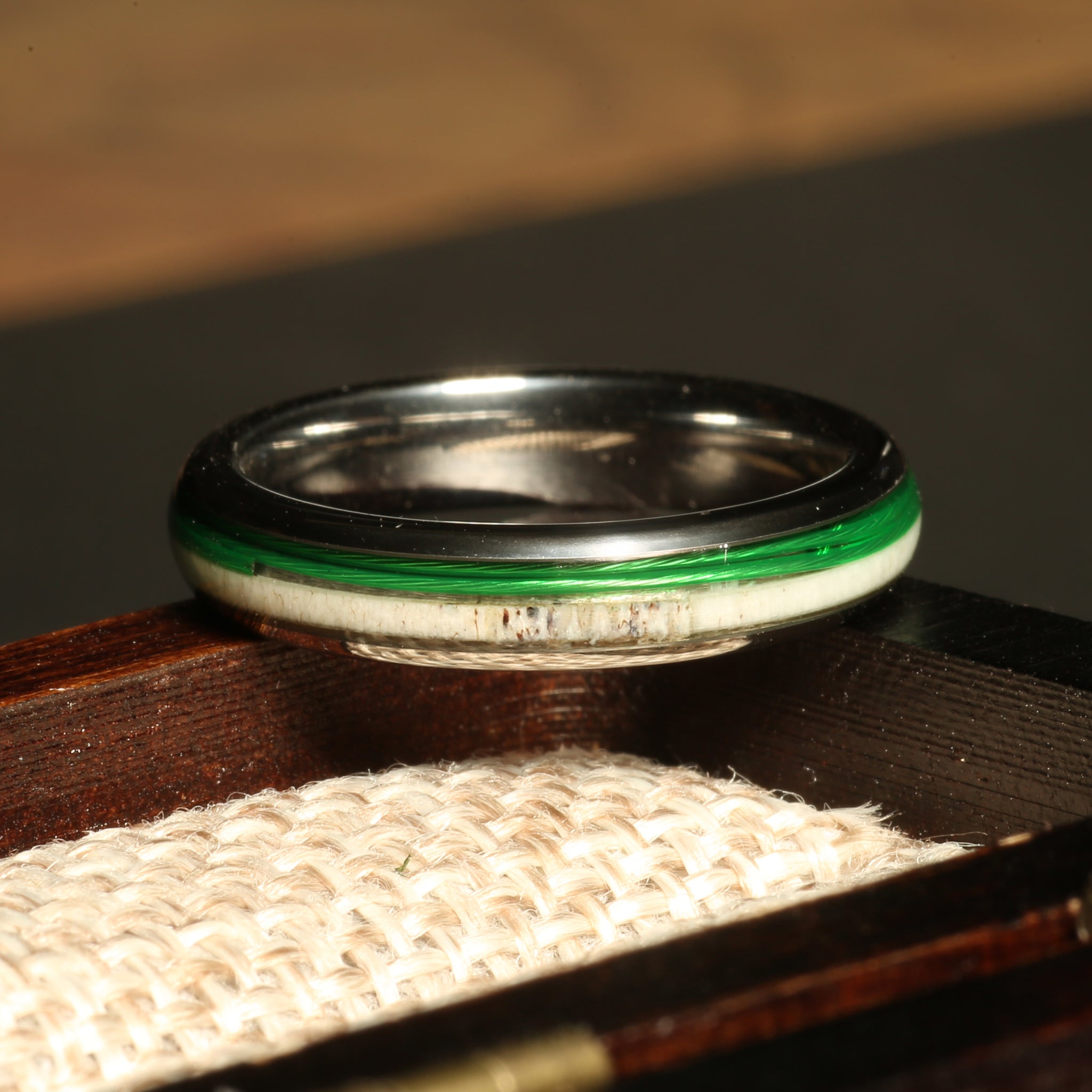 Deer Antler Fishing Line Ring for Women | 4mm Silver Tungsten Band