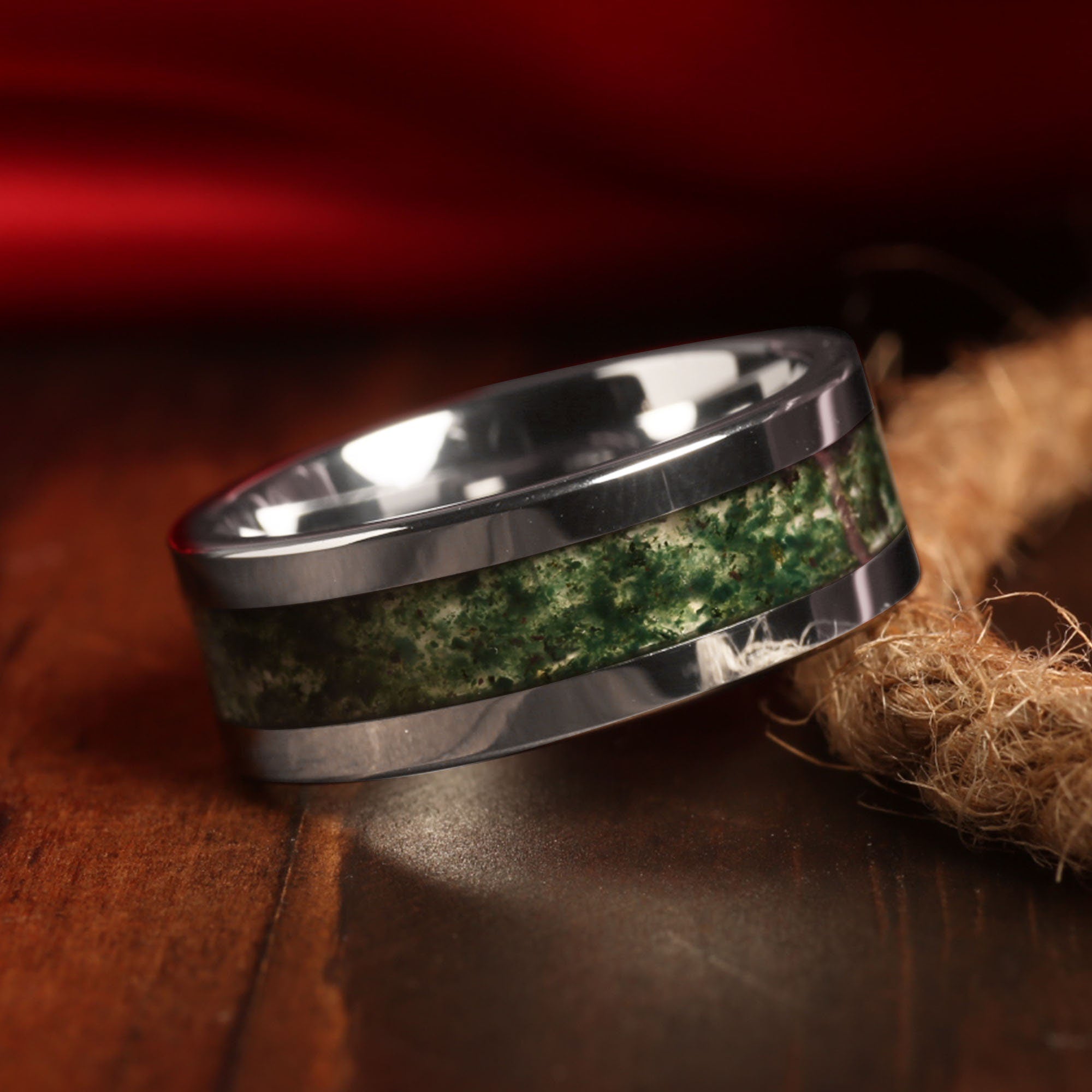 Moss Agate Matching Wedding Band Set | His and Hers Silver Tungsten Rings
