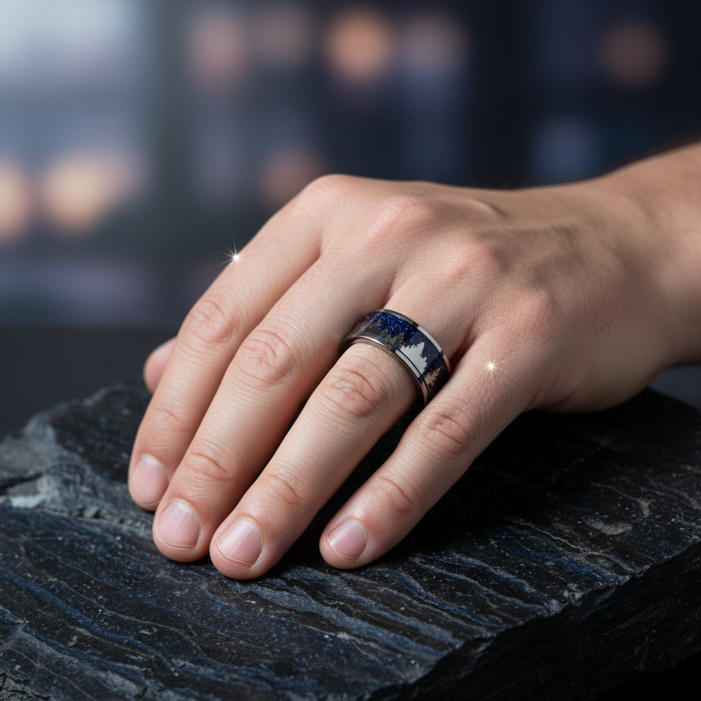 Treeline Blue Sandstone Wedding Band for Men | 8mm Silver Tungsten Ring