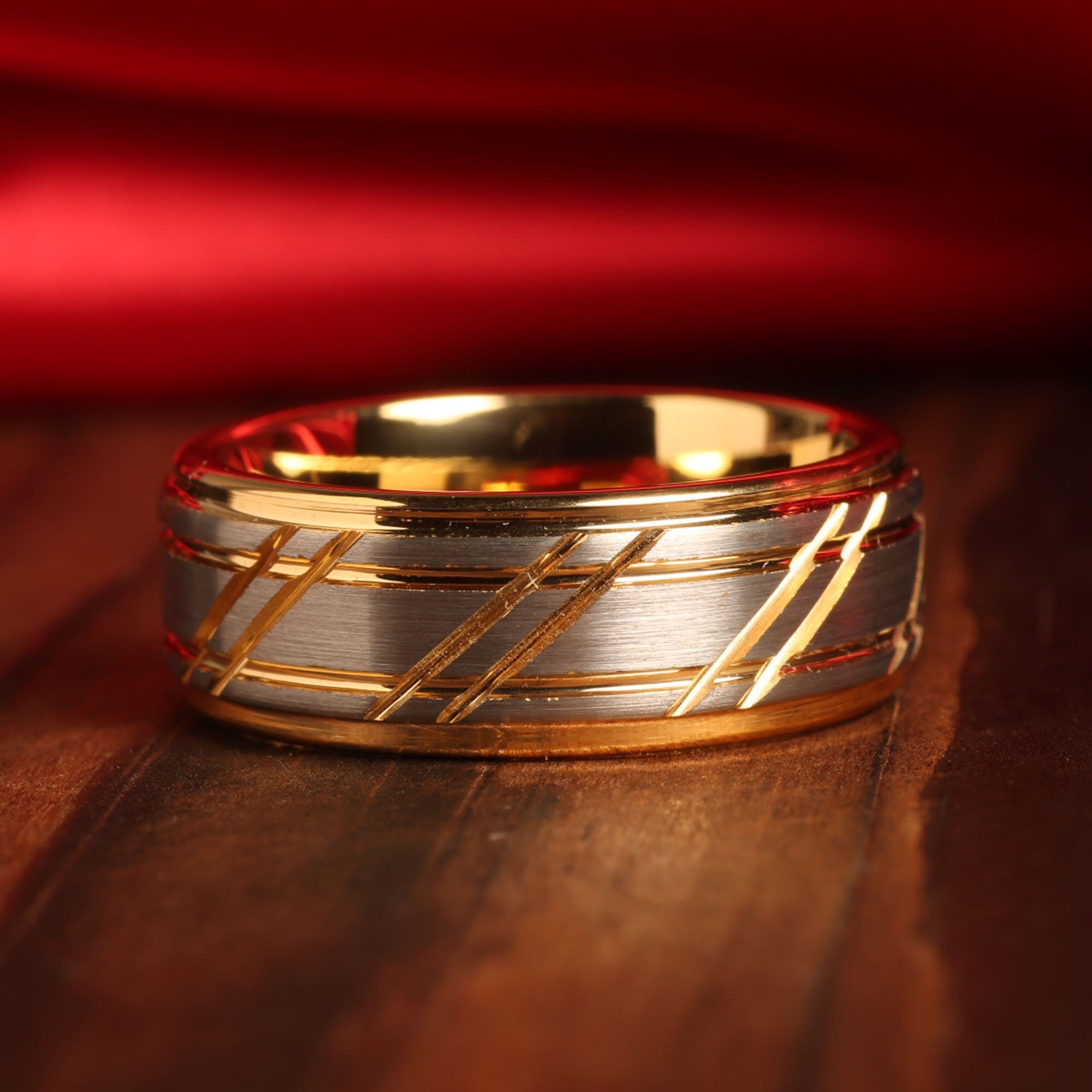 Two Tone Tungsten Wedding Band for Men | 8mm Brushed Silver Gold Ring