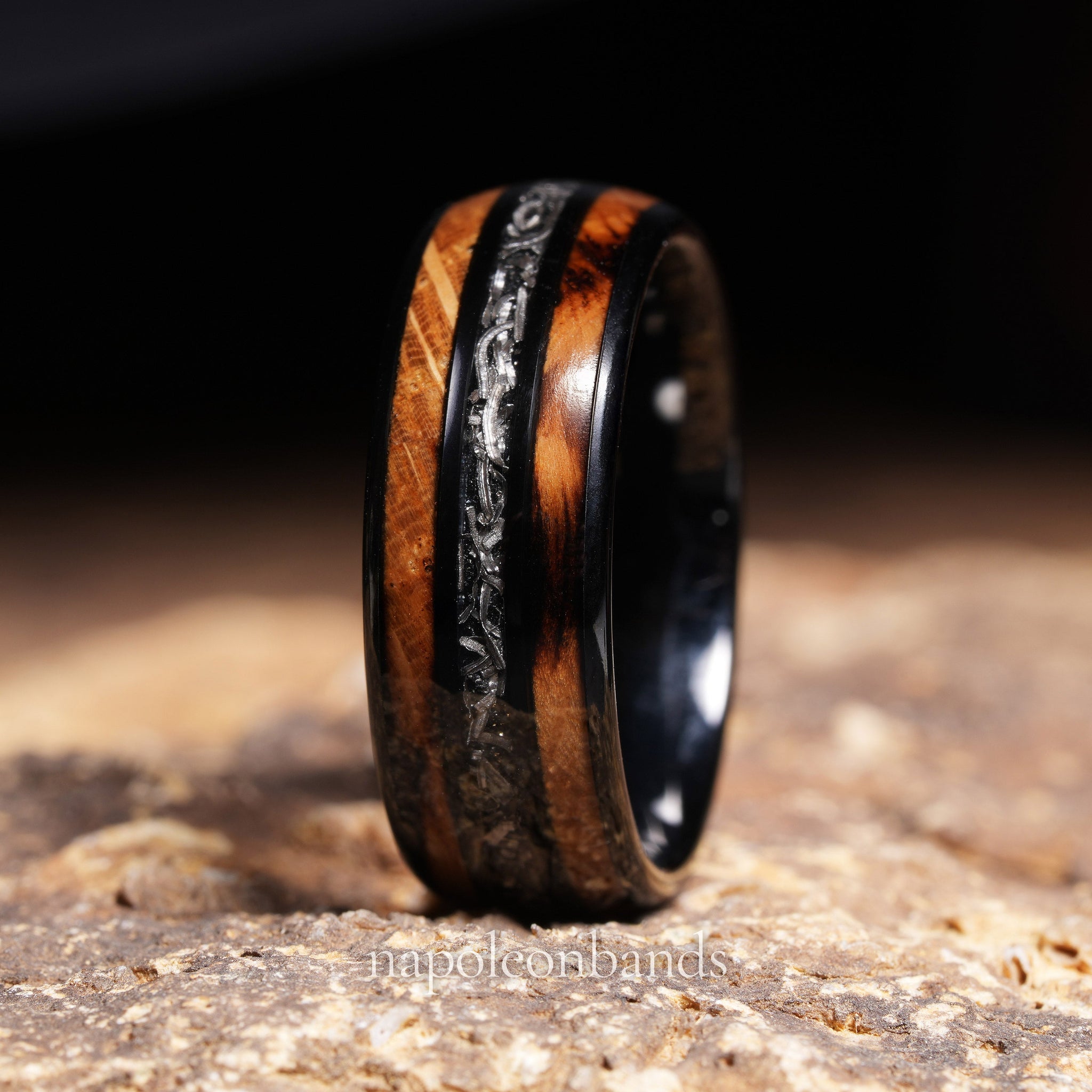 Whiskey Barrel Meteorite Wedding Band for Men | 8mm Domed Black Tungsten Ring