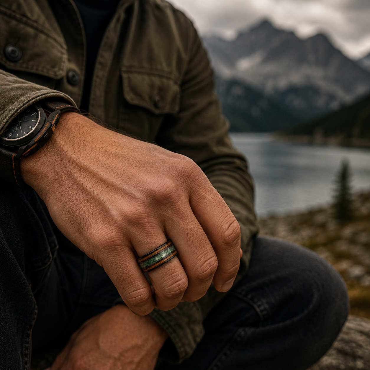 Whiskey Barrel Moss Agate Wedding Band for Men | 8mm Black Tungsten Ring