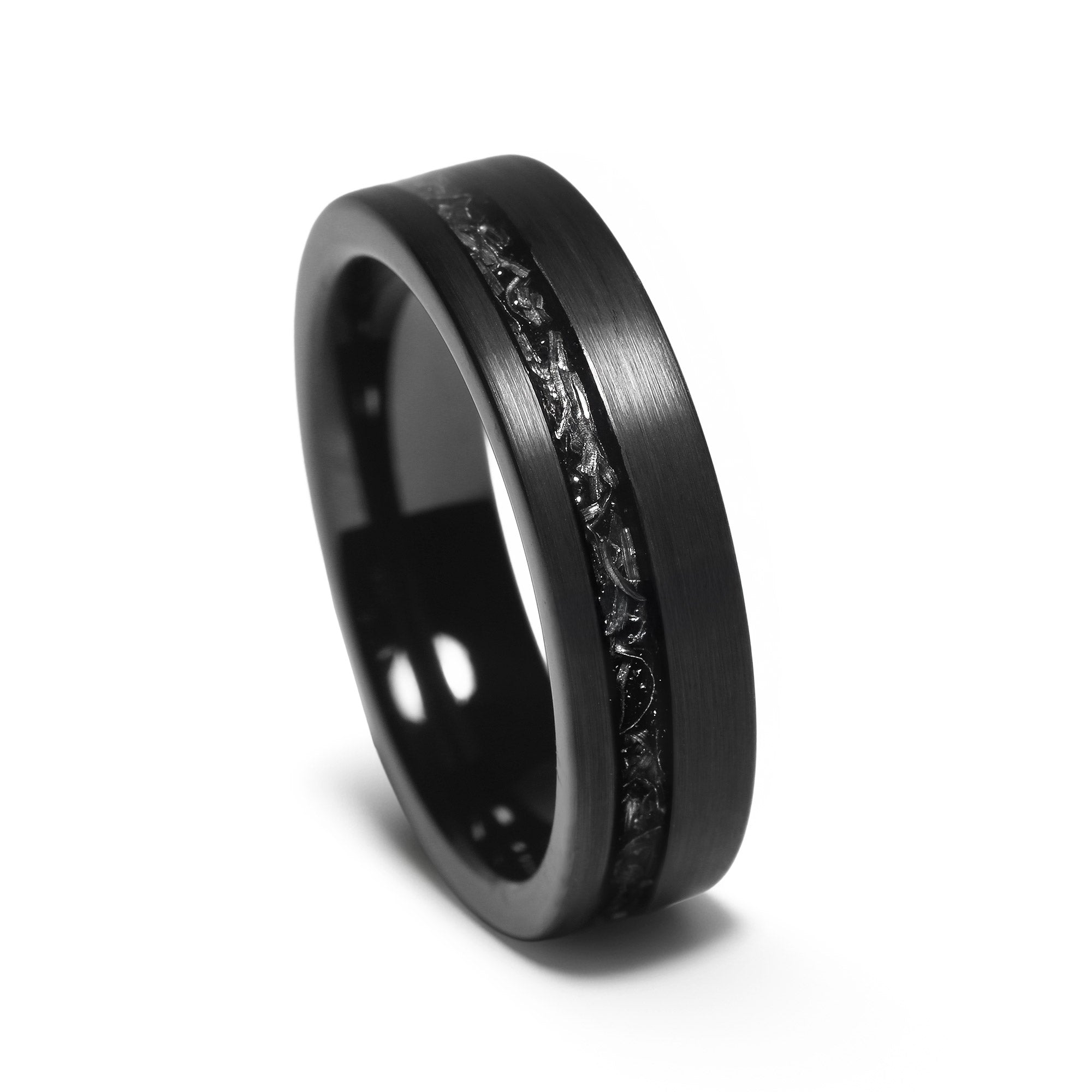 Meteorite Obsidian Ring for Women | 6mm Brushed Black Tungsten Band