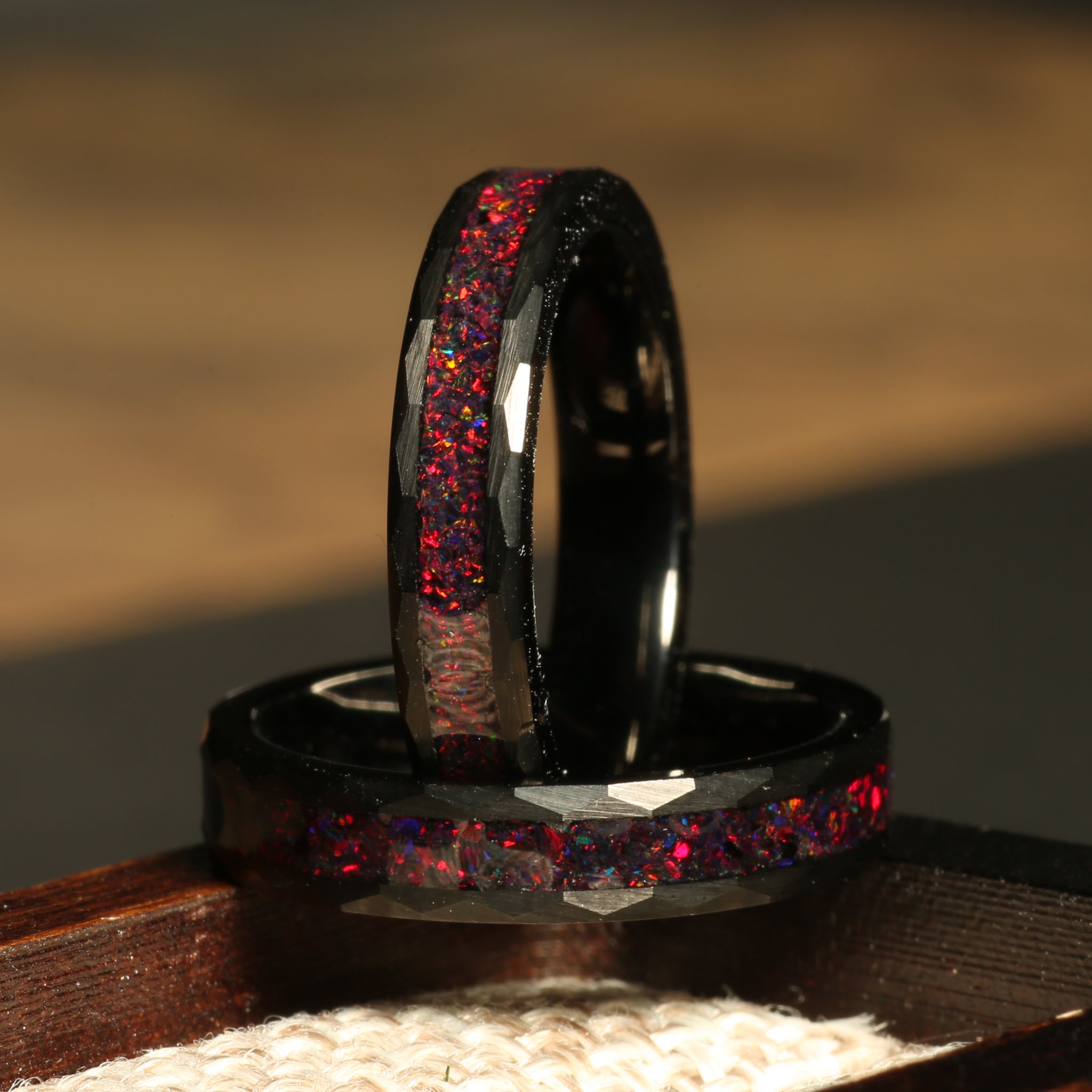 Dragon Rider Red Fire Opal Ring for Women | 4mm Black Tungsten Band