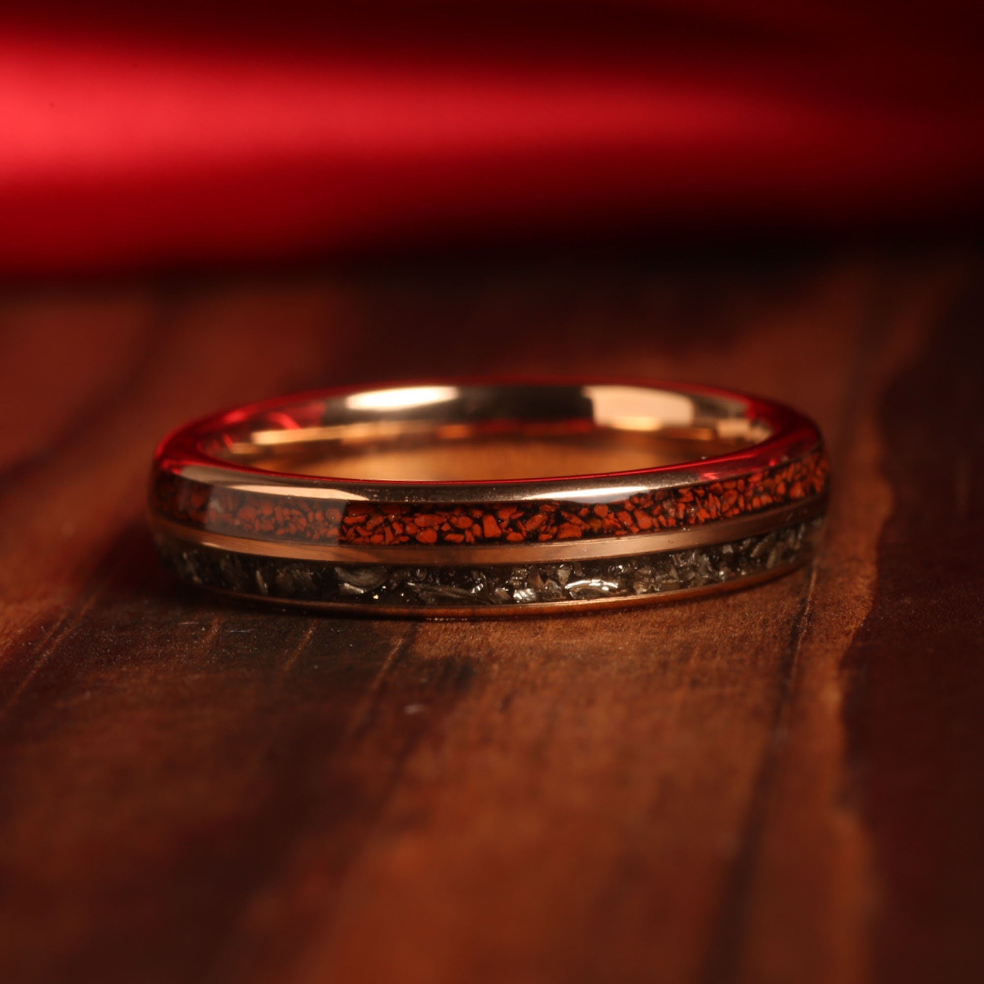 Rose Gold Meteorite Dinosaur Bone Ring for Women | 4mm Tungsten Band