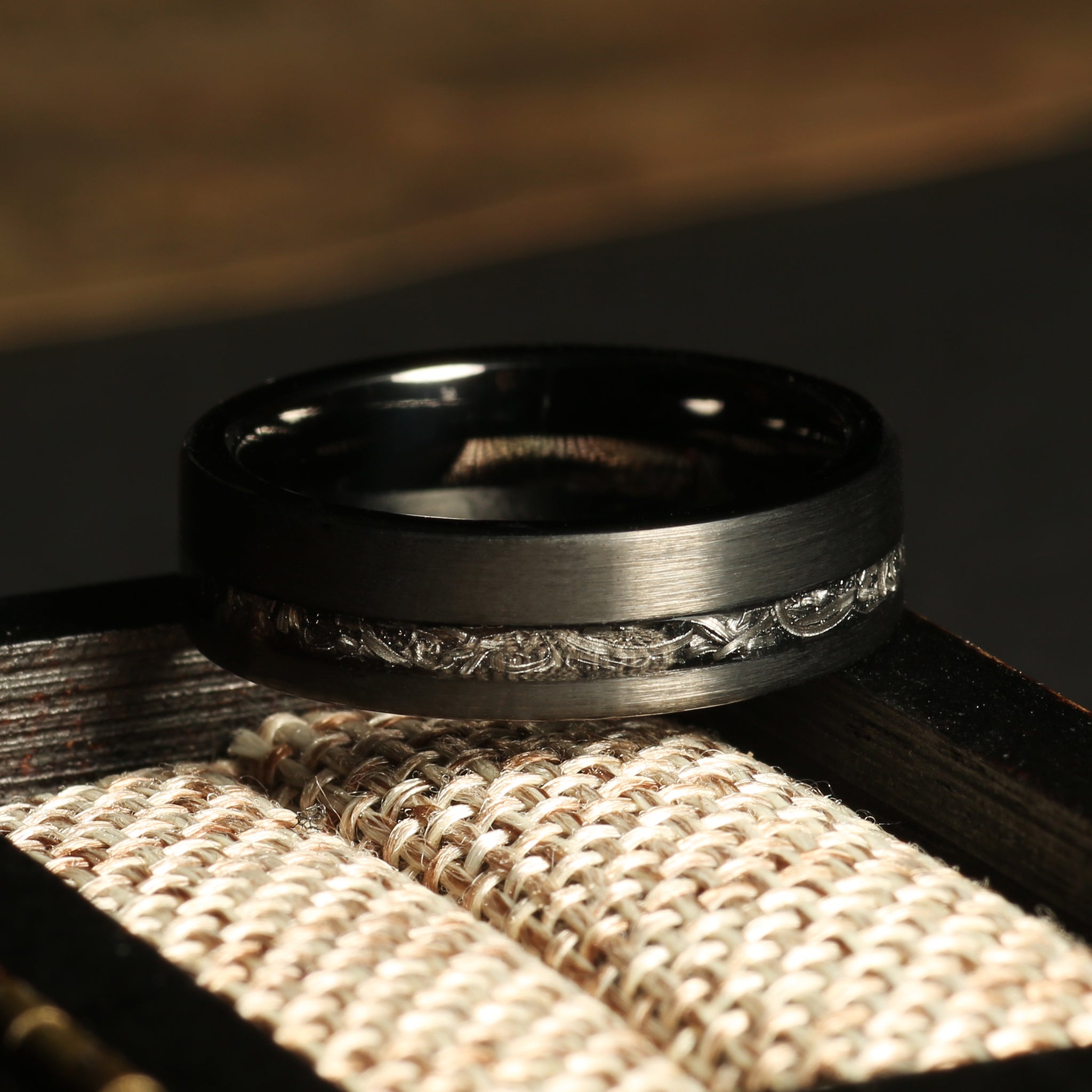 Meteorite Obsidian Ring for Women | 6mm Brushed Black Tungsten Band