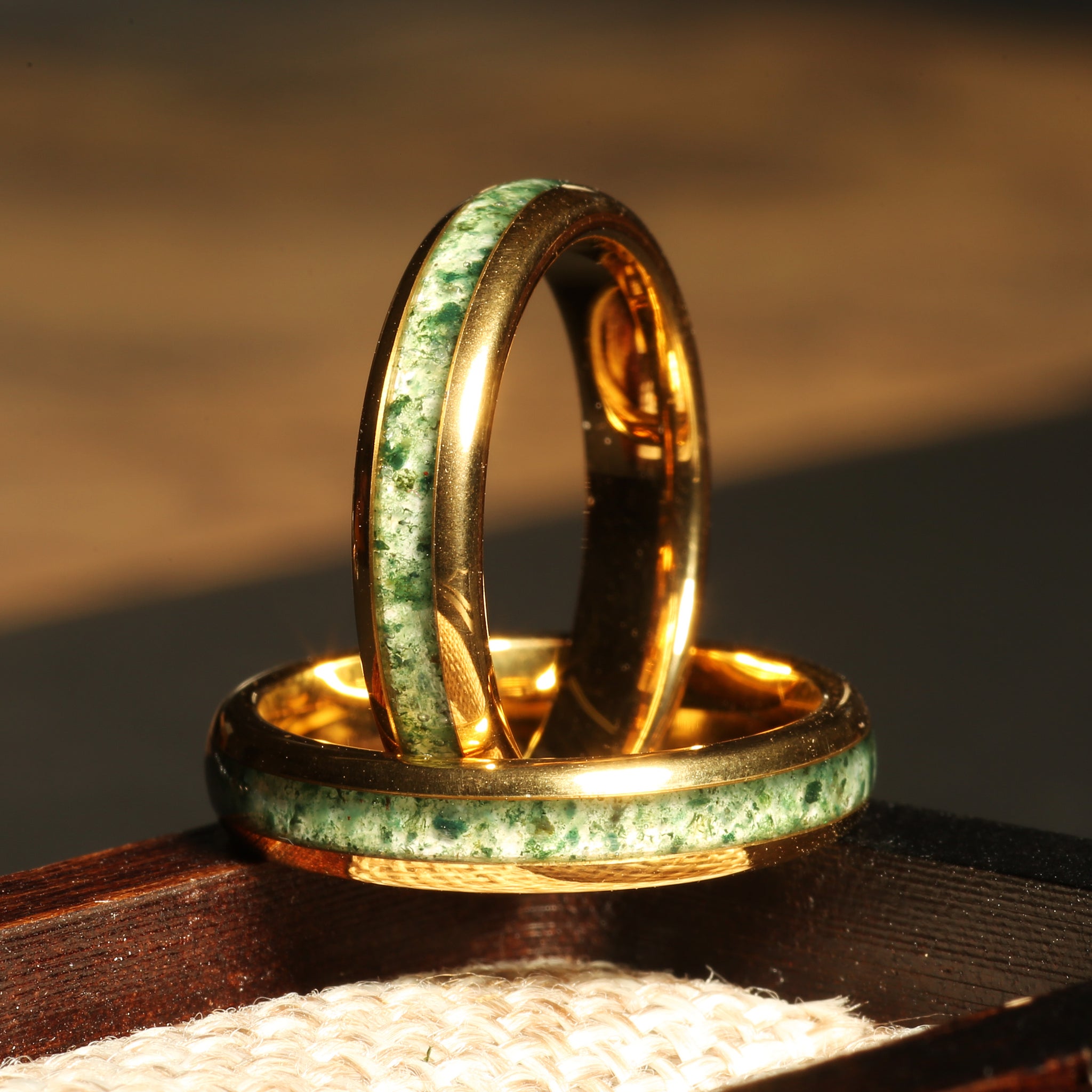 Moss Agate Ring for Women | 4mm Yellow Gold Tungsten Band