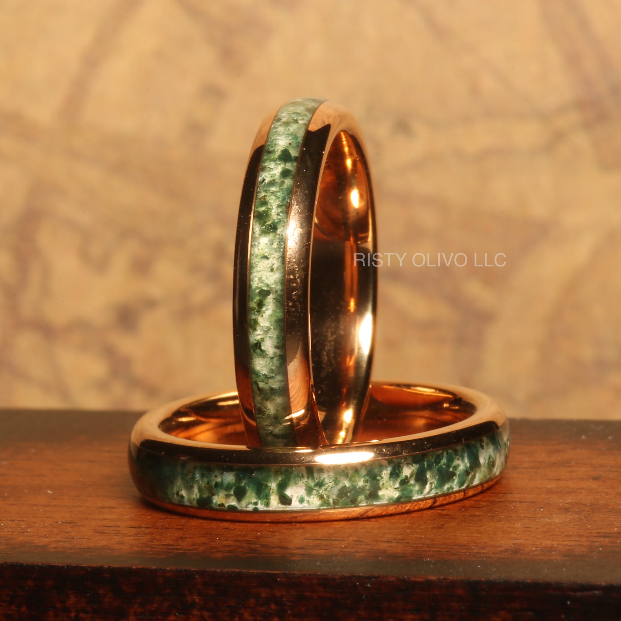 Moss Agate Wedding Band for Women | 4mm Rose Gold Tungsten Ring