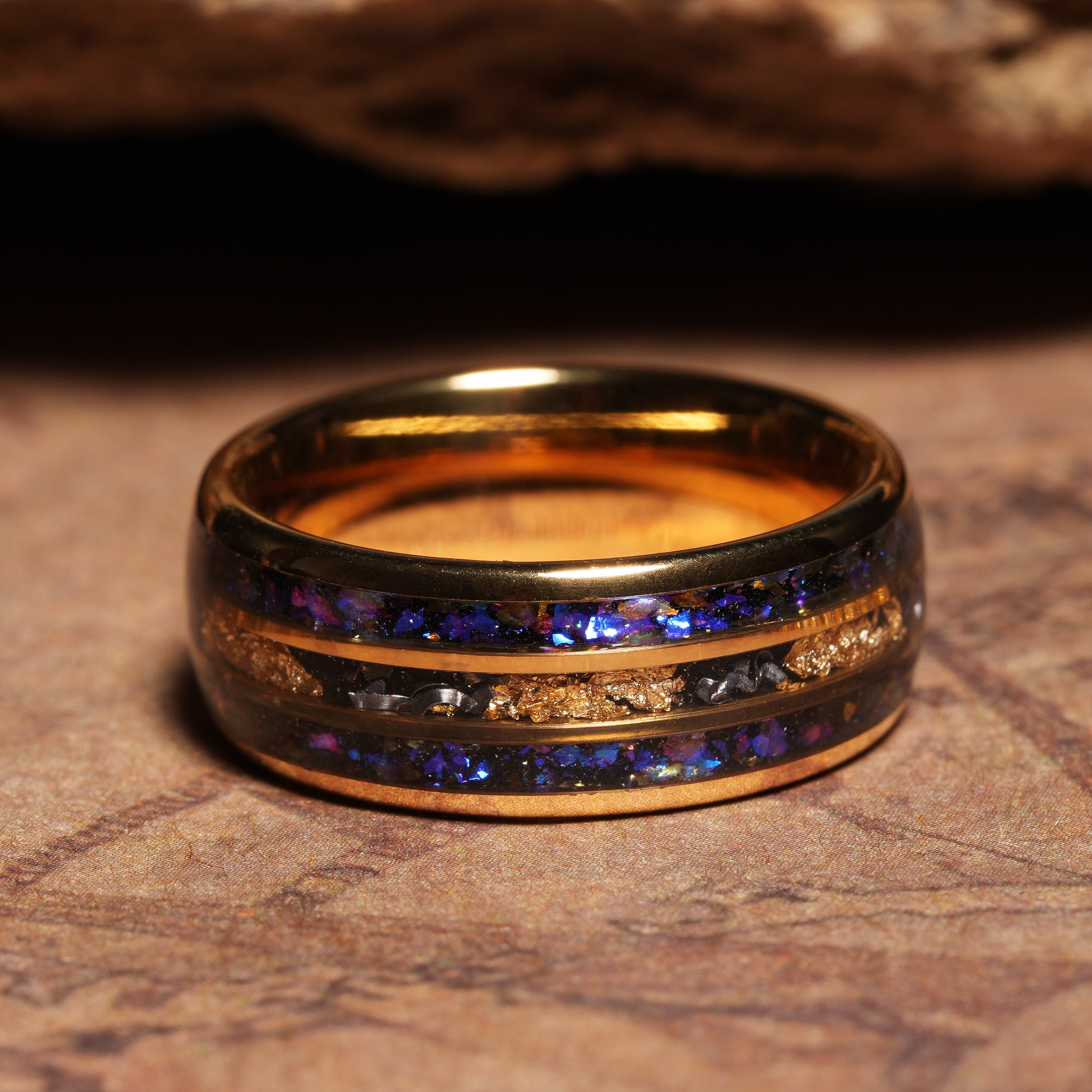 Meteorite Gold Leaf Blue Sandstone Wedding Band for Men | 8mm Yellow Gold Tungsten Ring