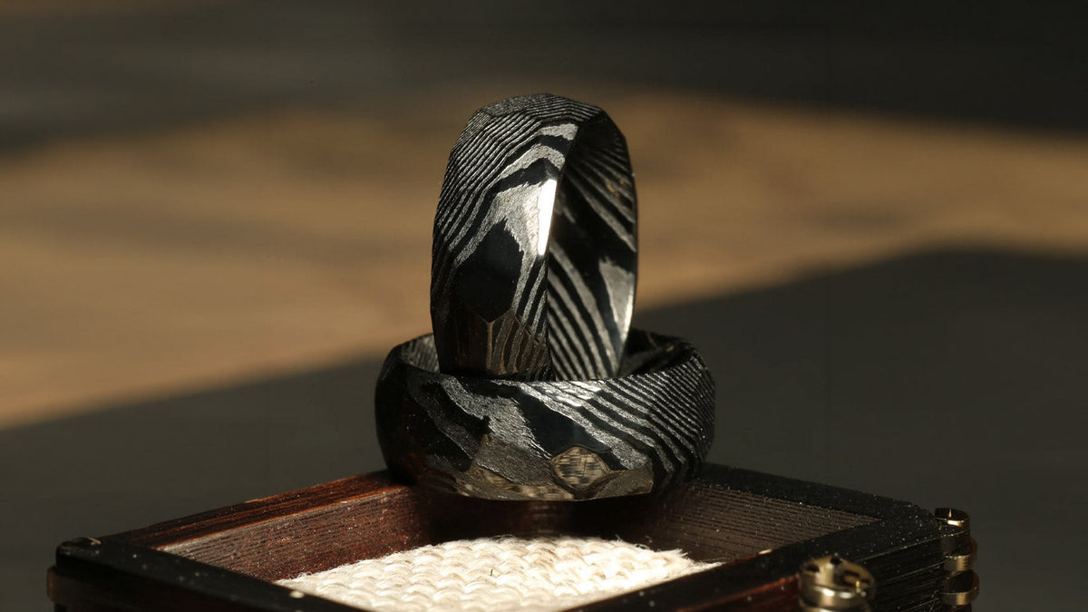 Black Damascus steel wedding band for men — 8mm hammered tungsten ring