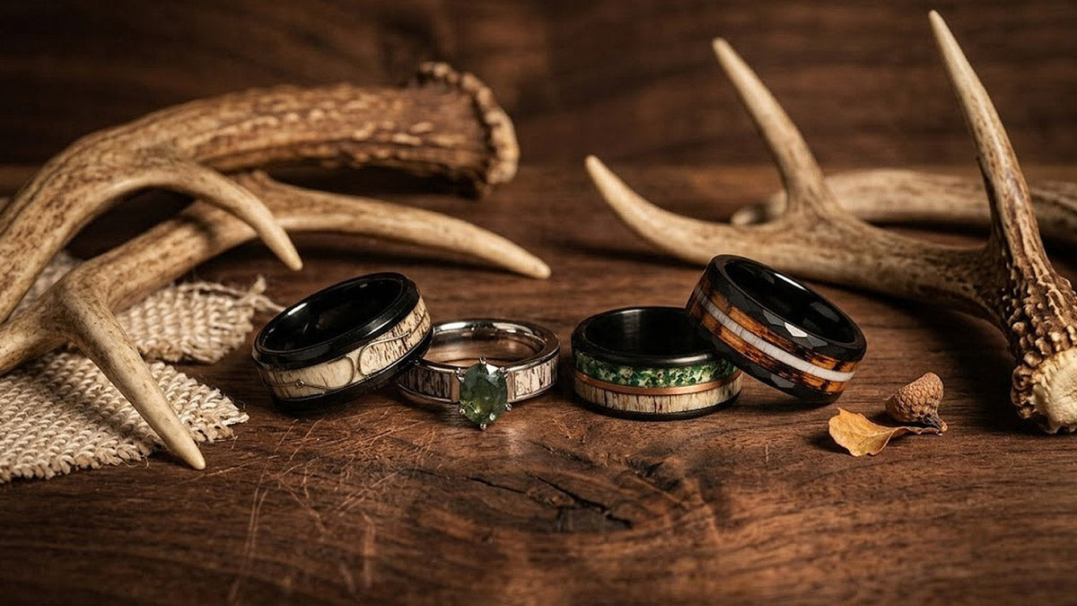 Deer antler wedding band with black tungsten and fishing hook inlay