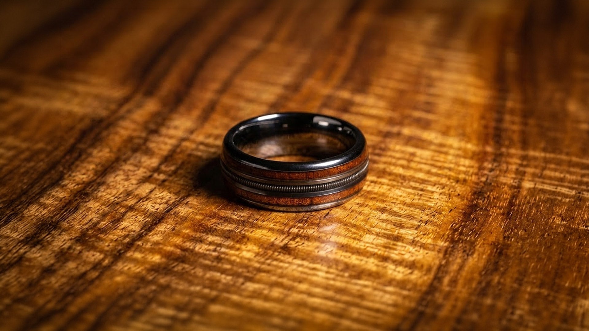 Koa Wood Men's Wedding Band in Black Tungsten with Hawaiian Inlay