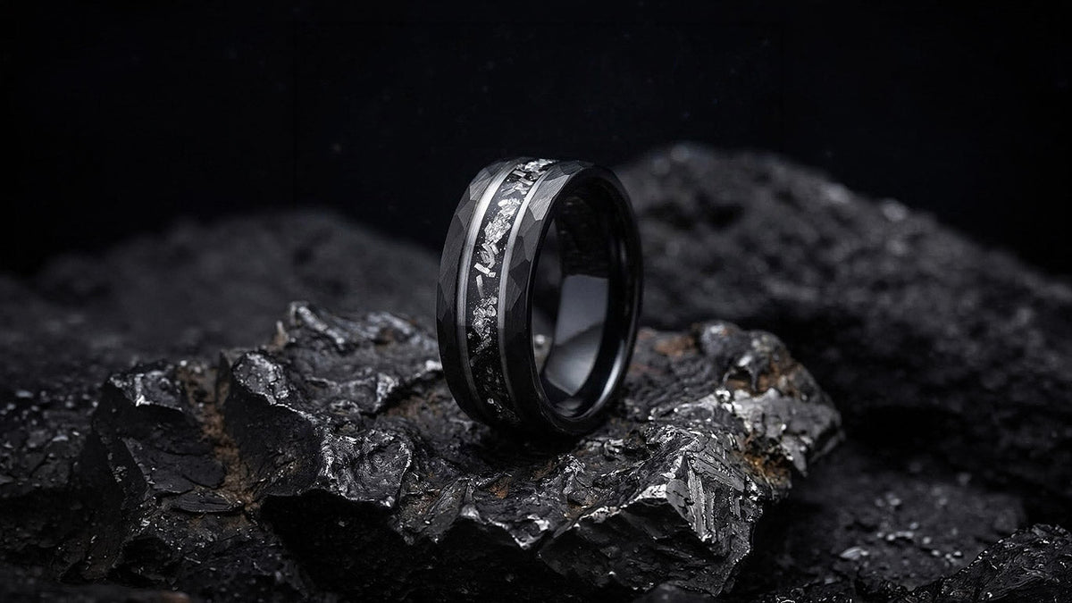 Meteorite wedding band with Widmanstätten pattern in black tungsten