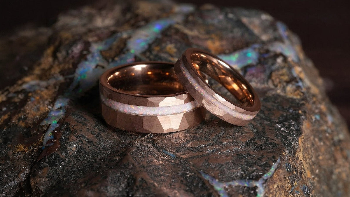 Opal Wedding Band for Men in Black Tungsten with Play-of-Color Inlay