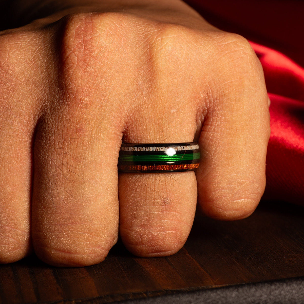 Men’s black tungsten ring with koa wood antler and fishing line
