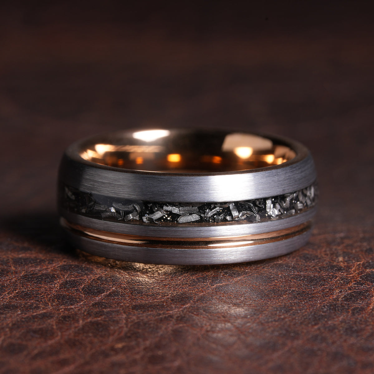 8mm Meteorite Wedding Band for Men | Silver Tungsten Ring with Rose Gold Interior
