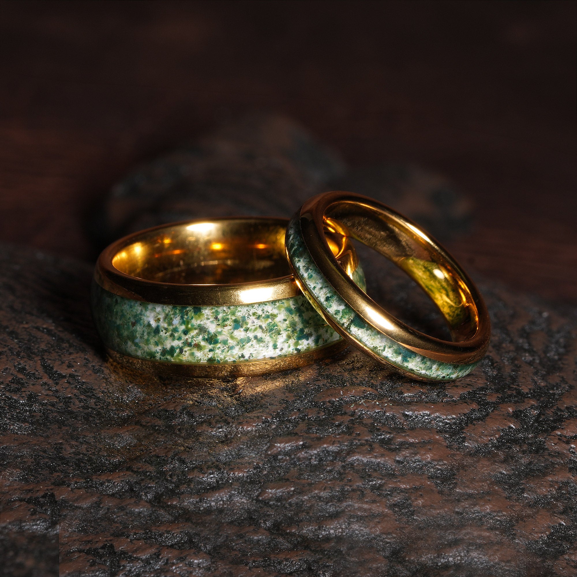 Moss Agate Matching Wedding Band Set | His and Hers 8mm & 4mm Yellow Gold Tungsten Couple Rings