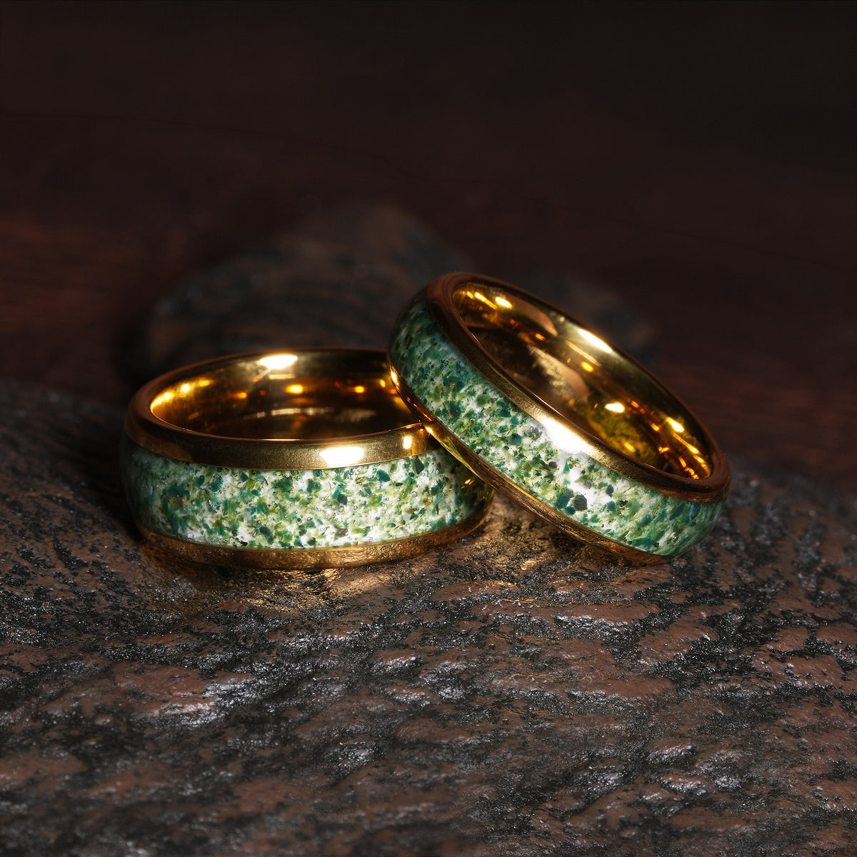 Moss Agate Matching Wedding Band Set | His and Hers Yellow Gold Tungsten Rings, 8mm Comfort Fit