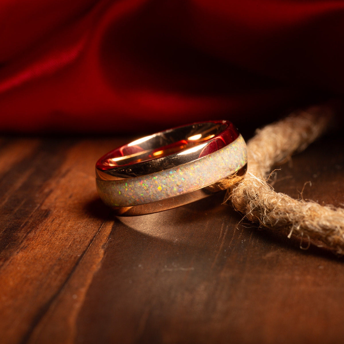 Rose gold white opal wedding band for men with luminous detail