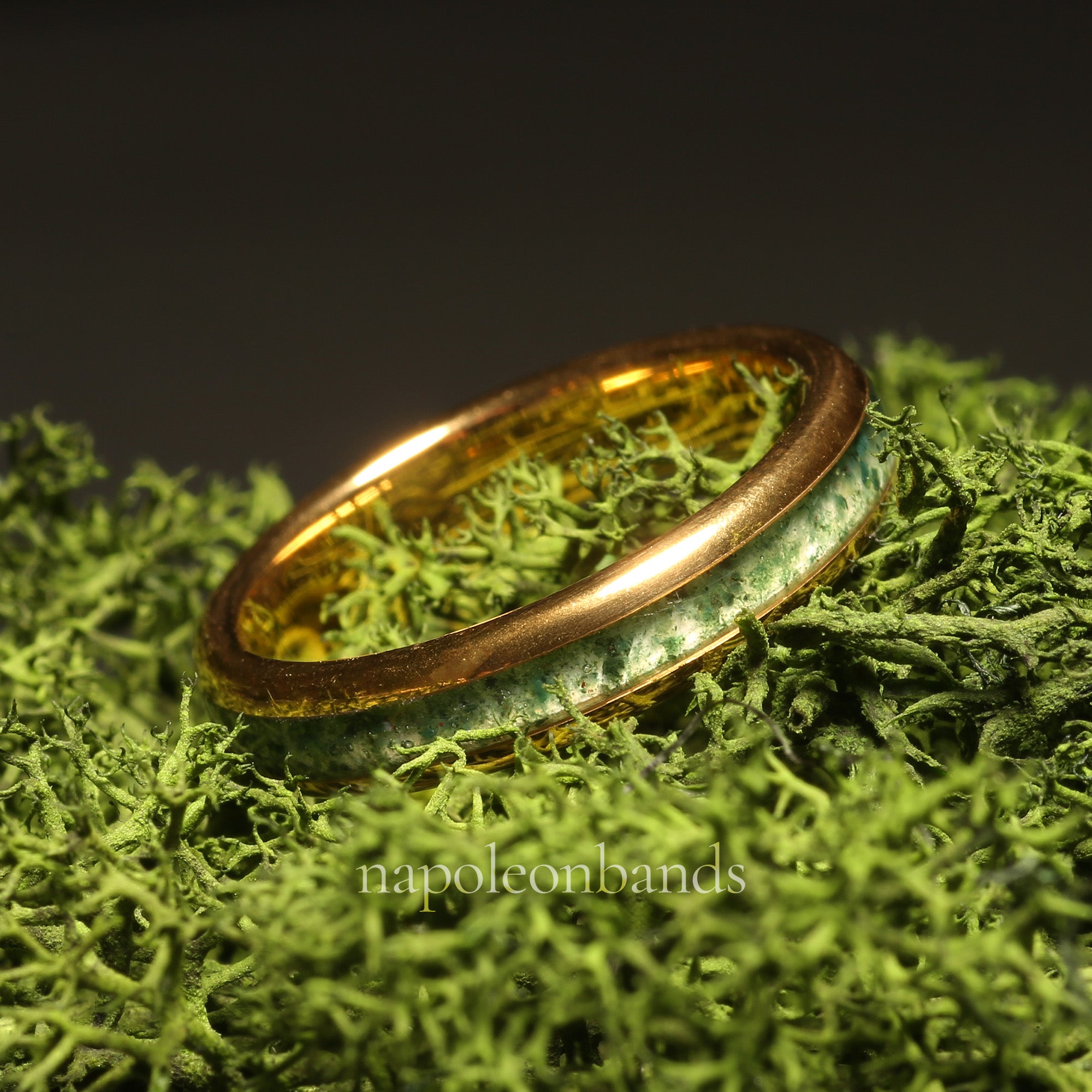 Moss Agate Ring for Women | 4mm Yellow Gold Tungsten Band