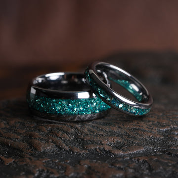 Aquamarine Matching Wedding Band Set | 8mm & 4mm His and Hers Silver Tungsten Rings 1