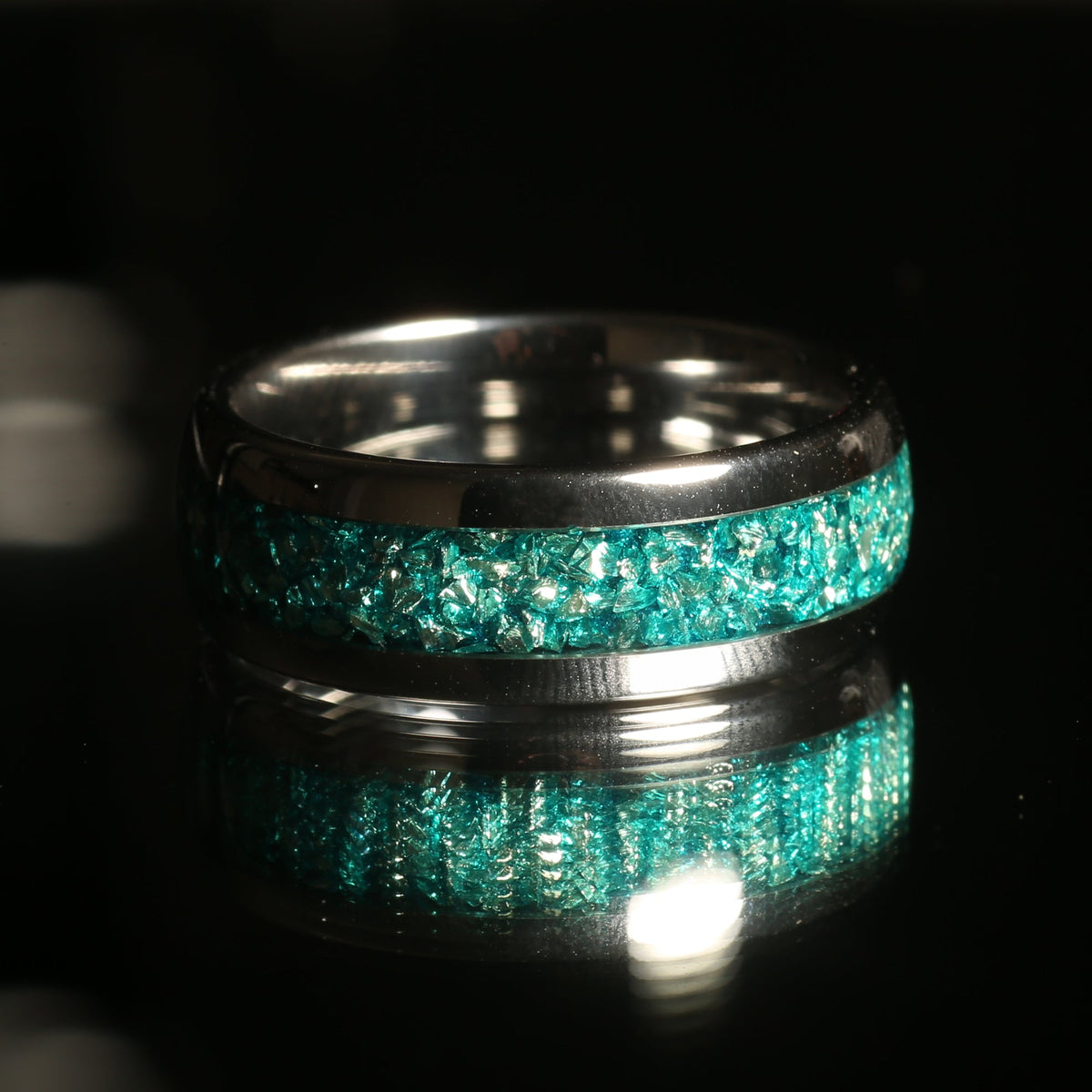 Aquamarine tungsten ring for men with cool blue detail