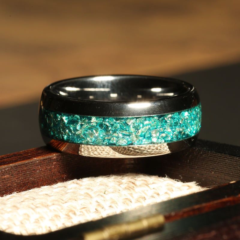 Aquamarine wedding ring for men with silver tungsten