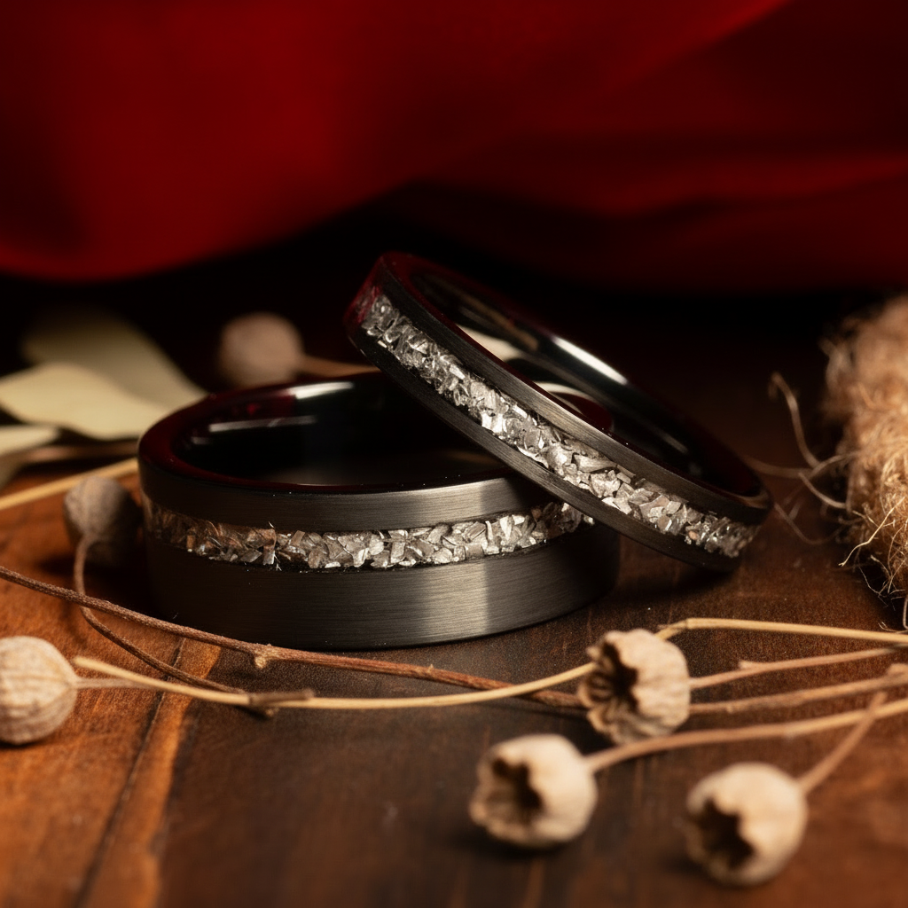 Black brushed meteorite matching band set with his 8mm and her 4mm rings