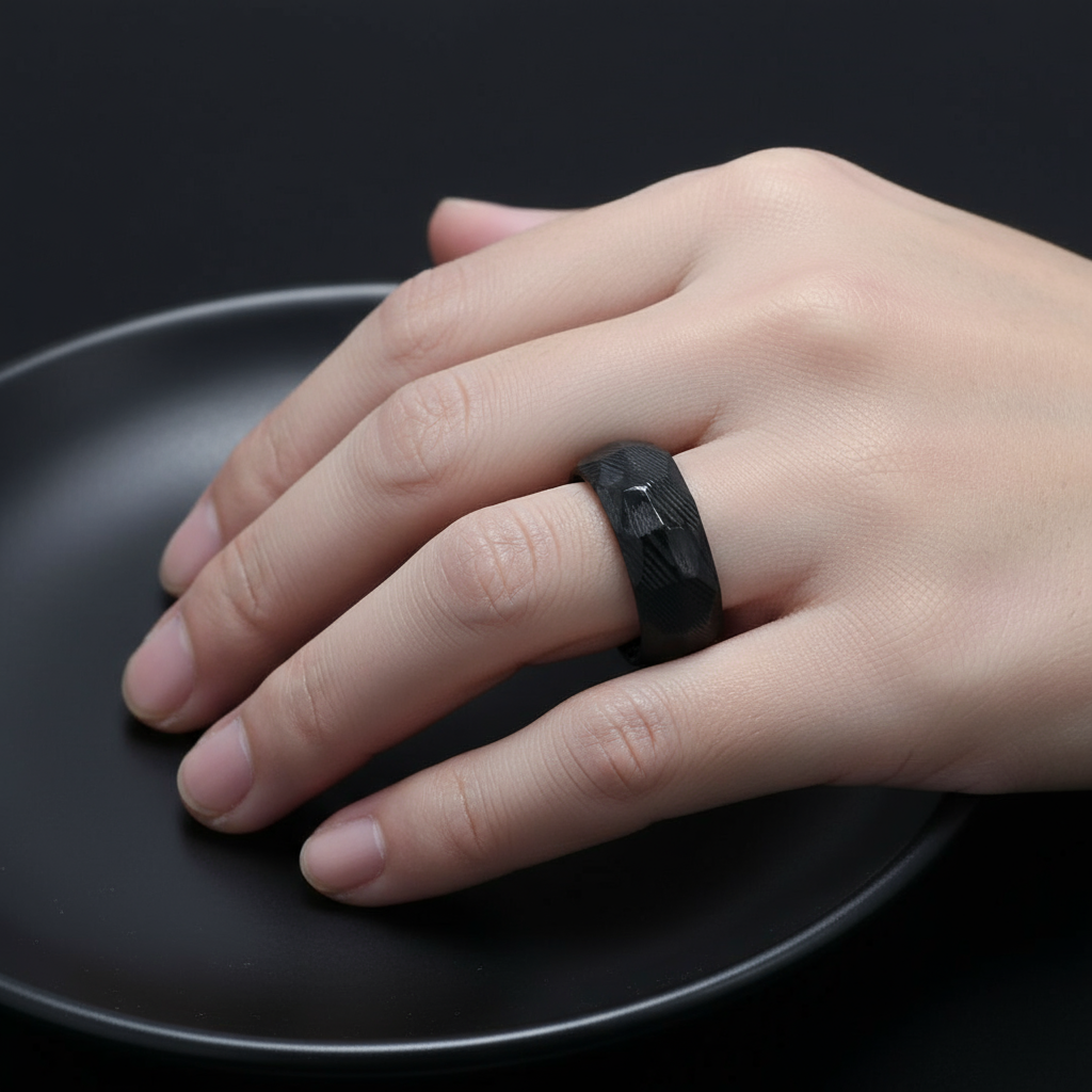 Black Damascus Steel Wedding Band for Men | 8mm Hammered Tungsten Ring