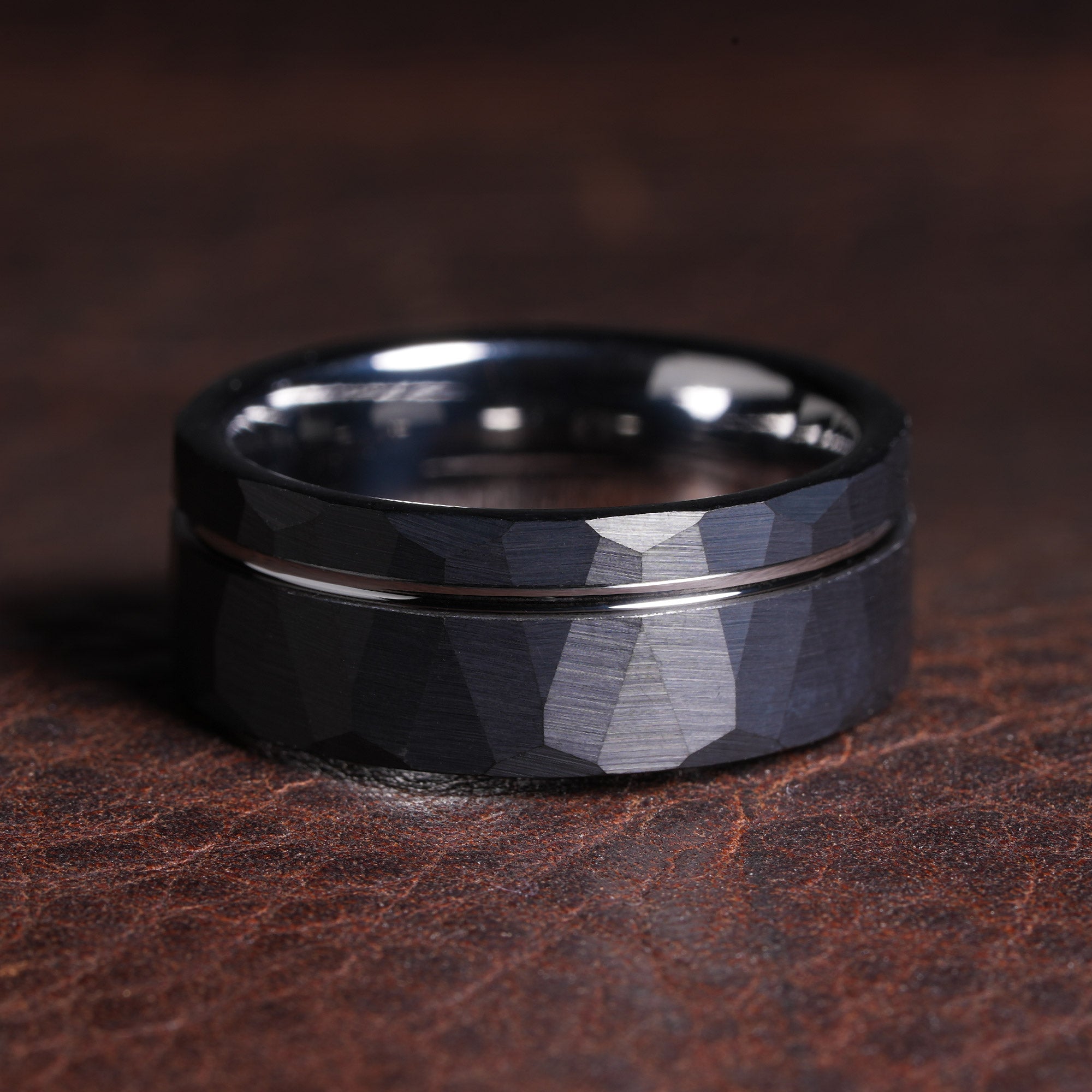 Black Hammered Tungsten Wedding Band for Men | 8mm Silver Interior Comfort Fit Ring