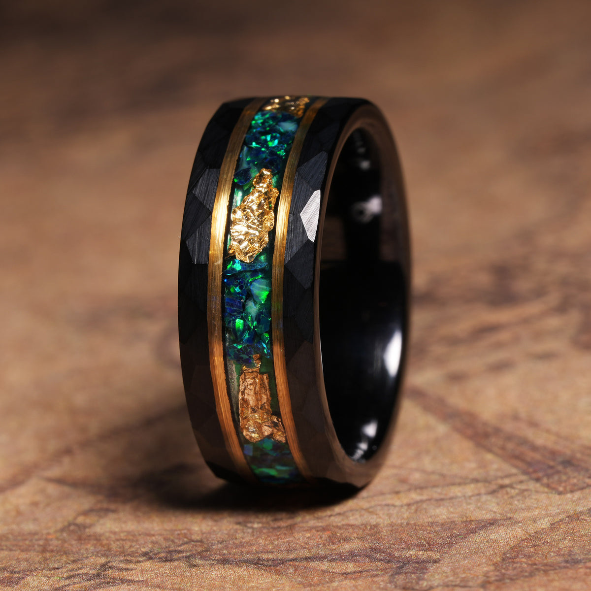 Black hammered blue green opal ring for men with 24k gold detail