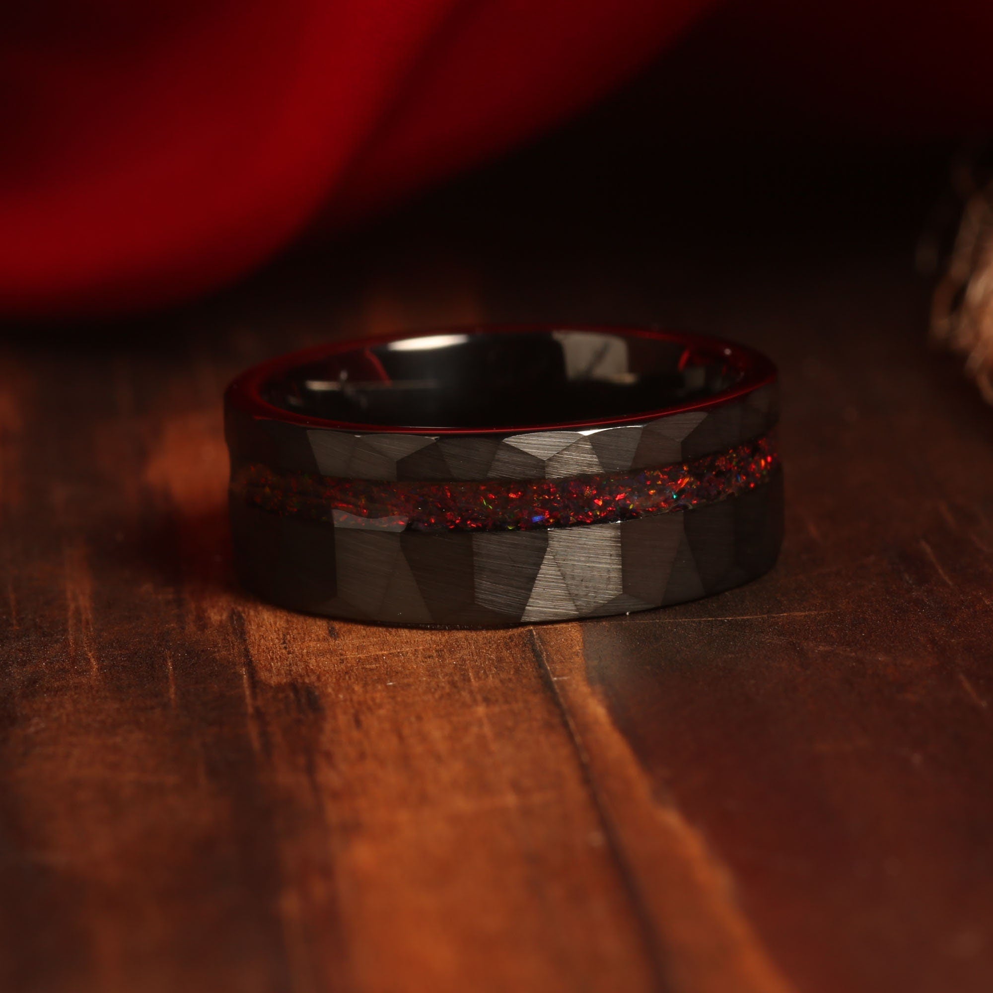Red Fire Opal Wedding Band for Men | 8mm Black Hammered Tungsten Ring