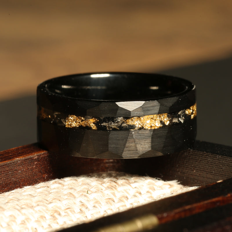 Black hammered meteorite gold leaf ring for men with tungsten