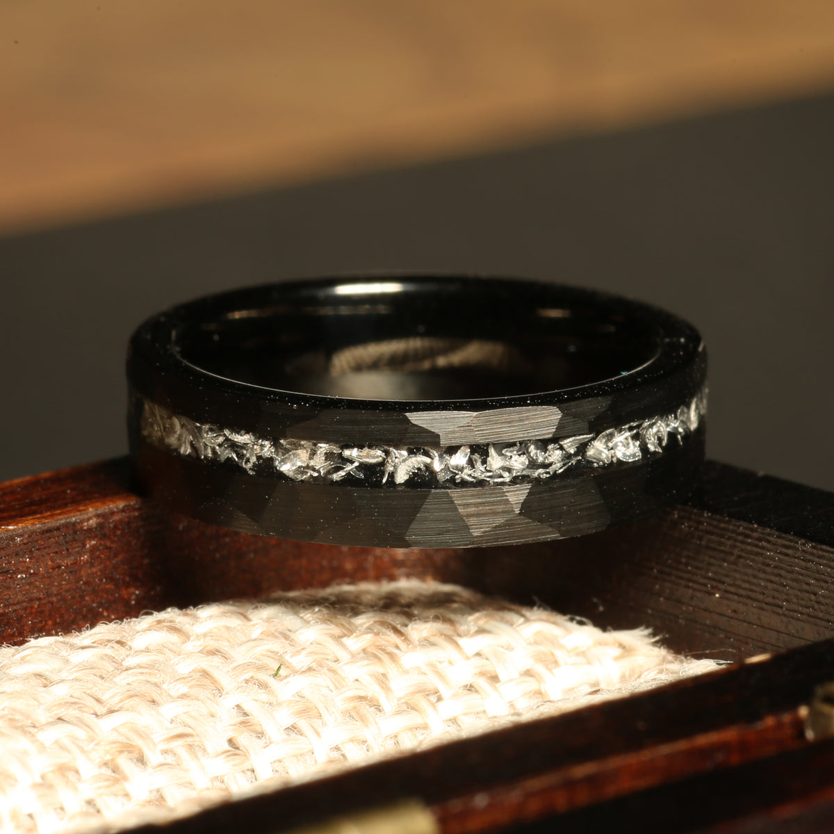 Black hammered meteorite ring for women with tungsten